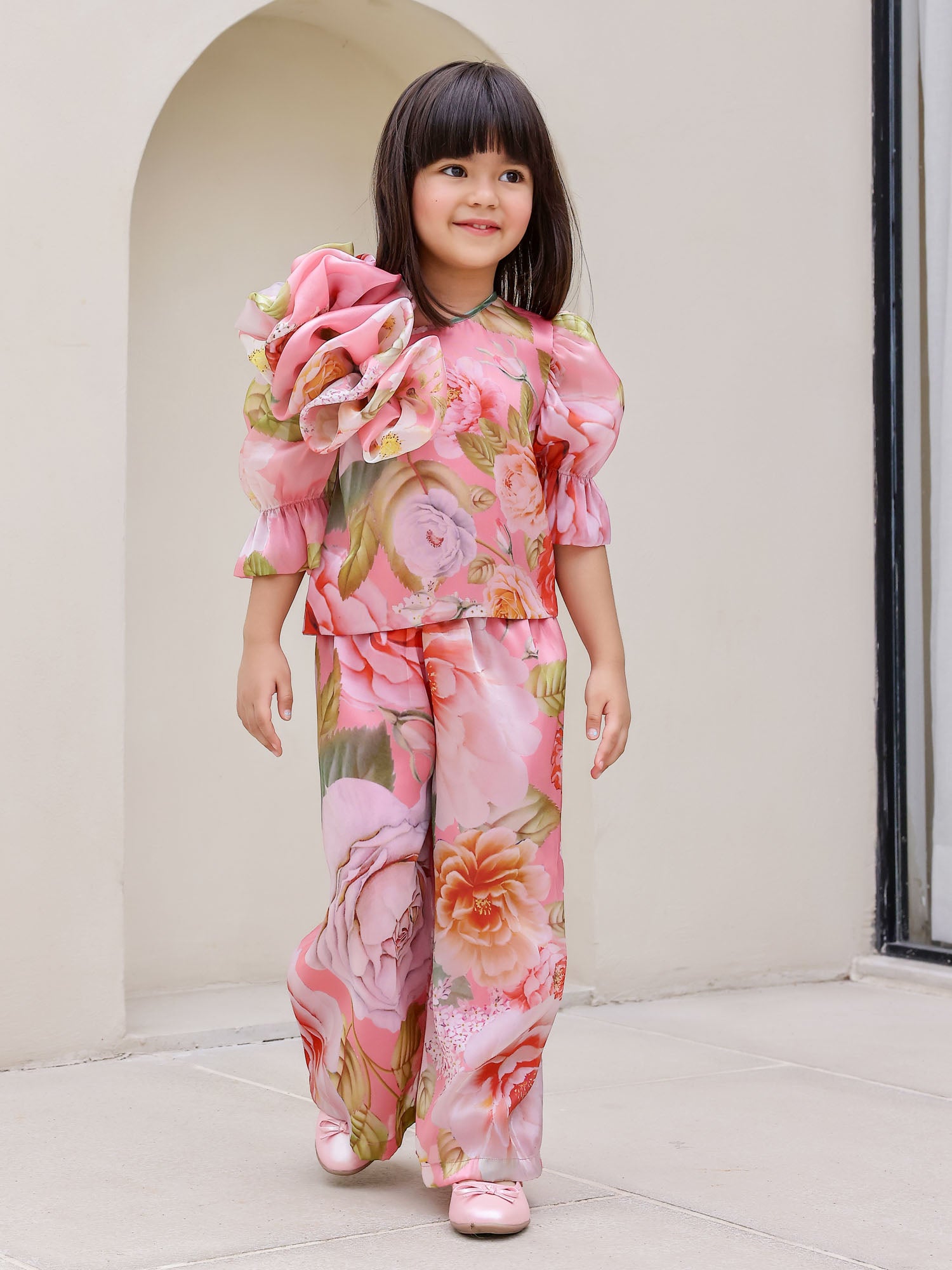 JANAYAS CLOSET: Peach Flower Printed Co-Ord Set for Girls
