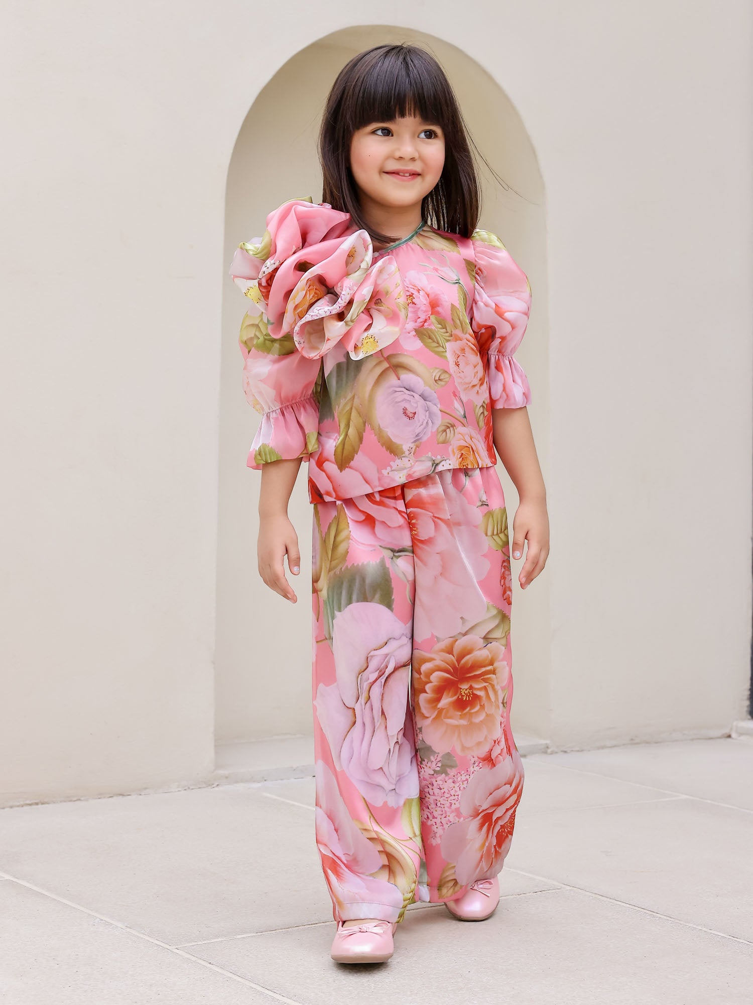 JANAYAS CLOSET: Peach Flower Printed Co-Ord Set for Girls