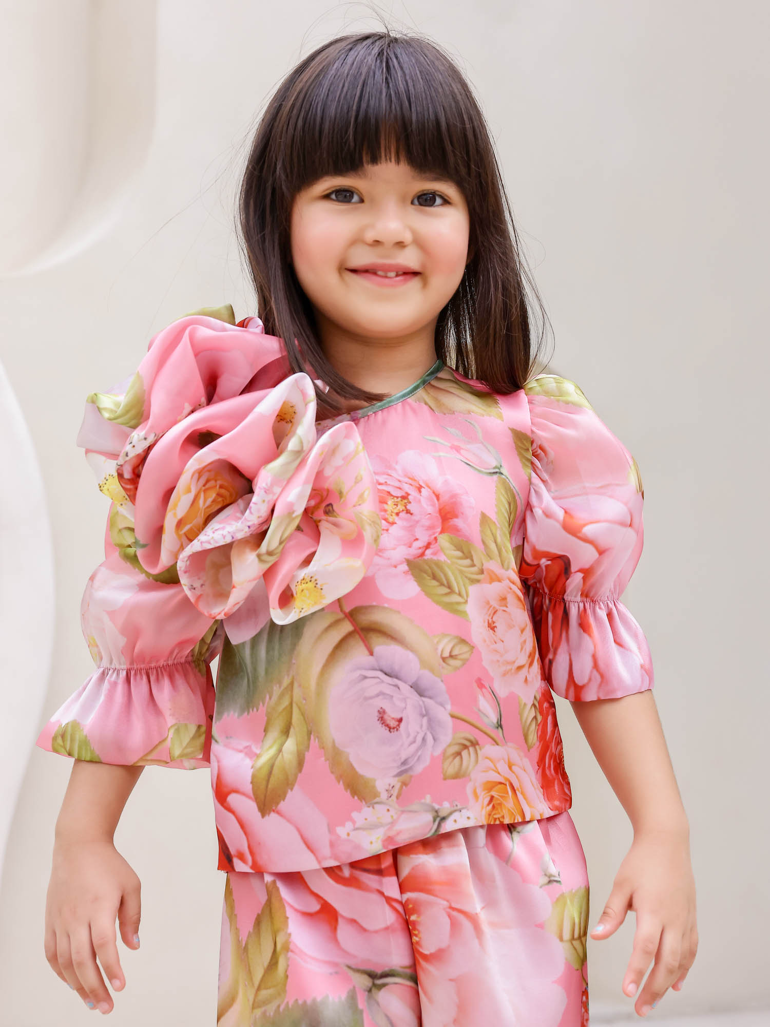 JANAYAS CLOSET: Peach Flower Printed Co-Ord Set for Girls