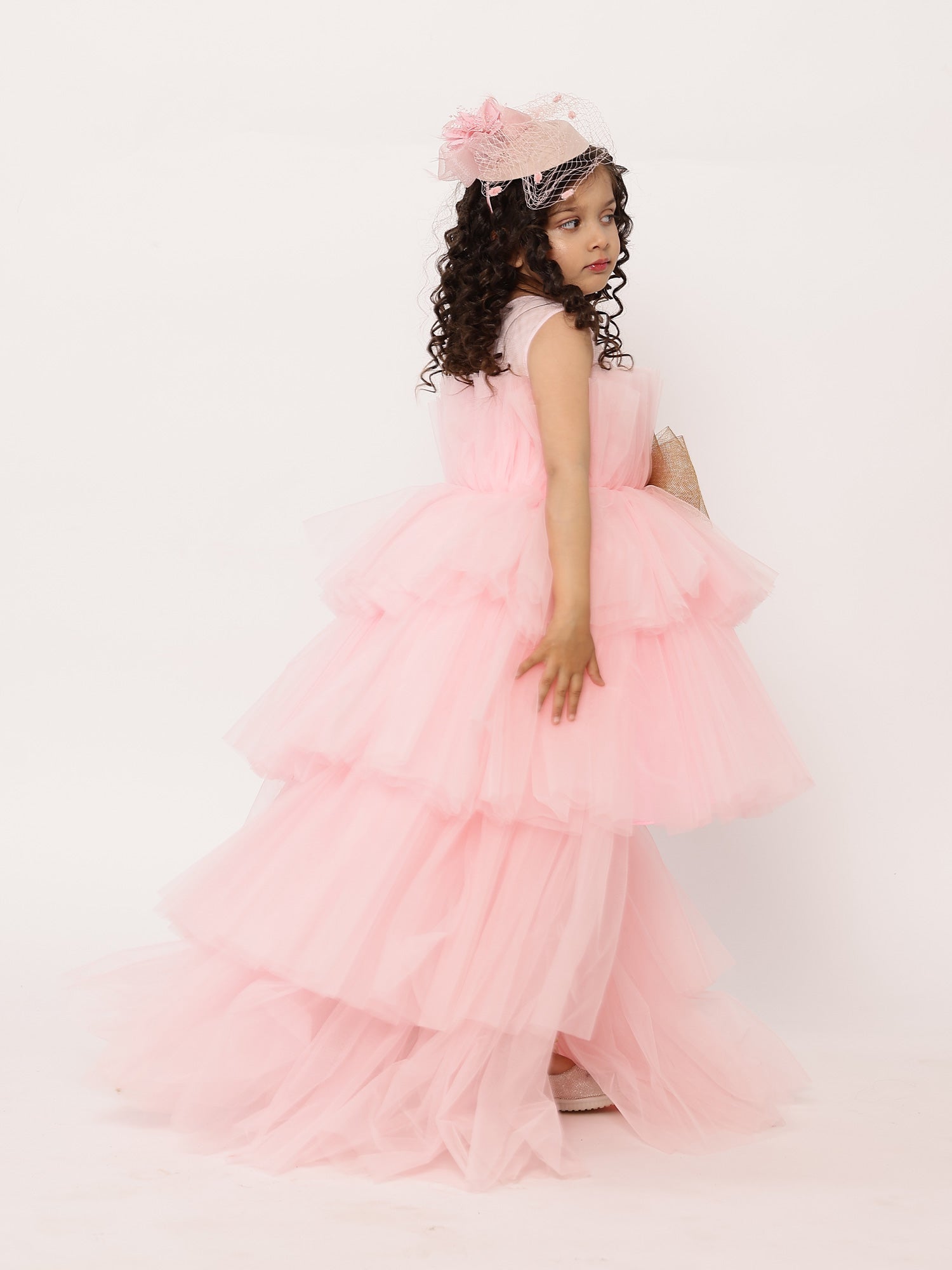 Pre Arha Pink High- Low Gown With Hair Accessory