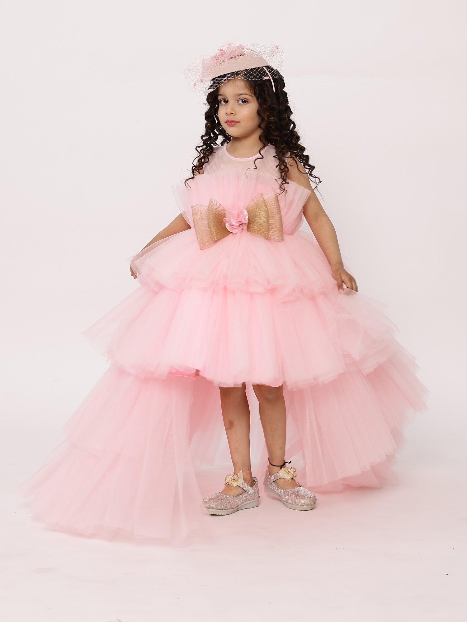Pre Arha Pink High- Low Gown With Hair Accessory