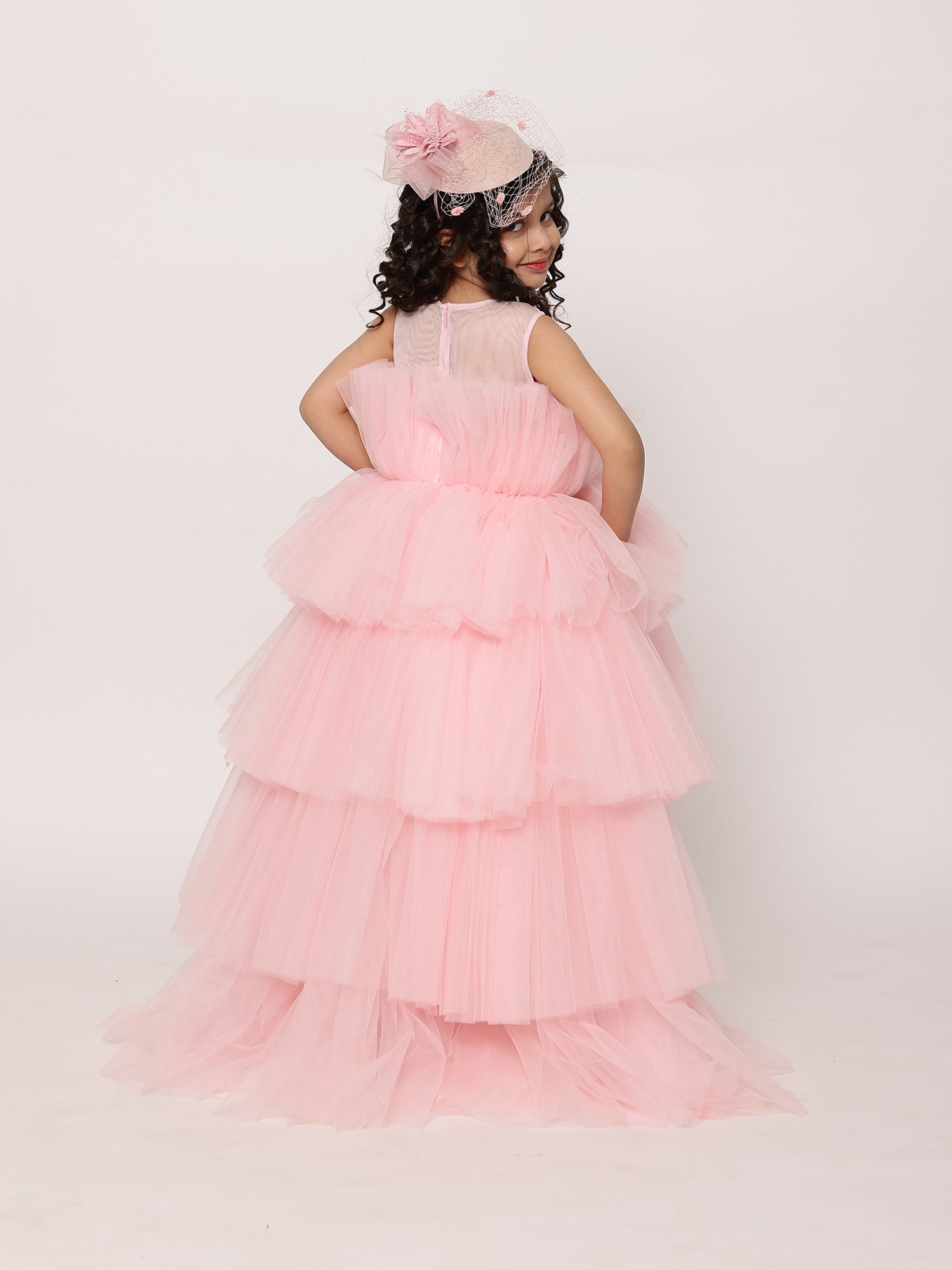 Pre Arha Pink High- Low Gown With Hair Accessory