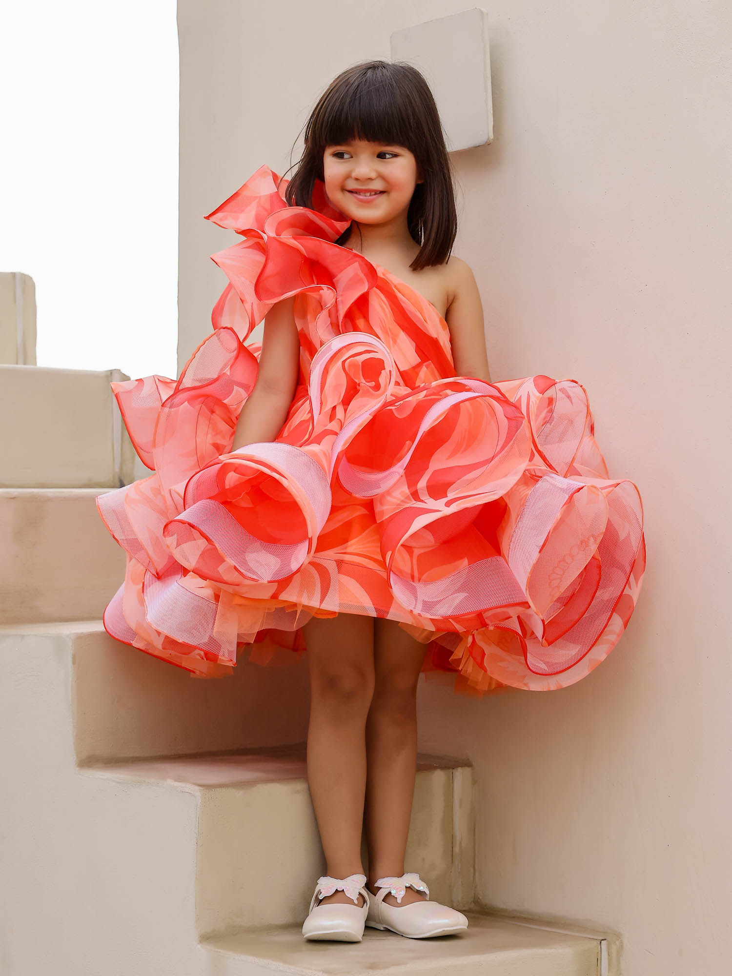 JANYAS CLOSET : Elegant Orange One-Shoulder Floral Organza Dress