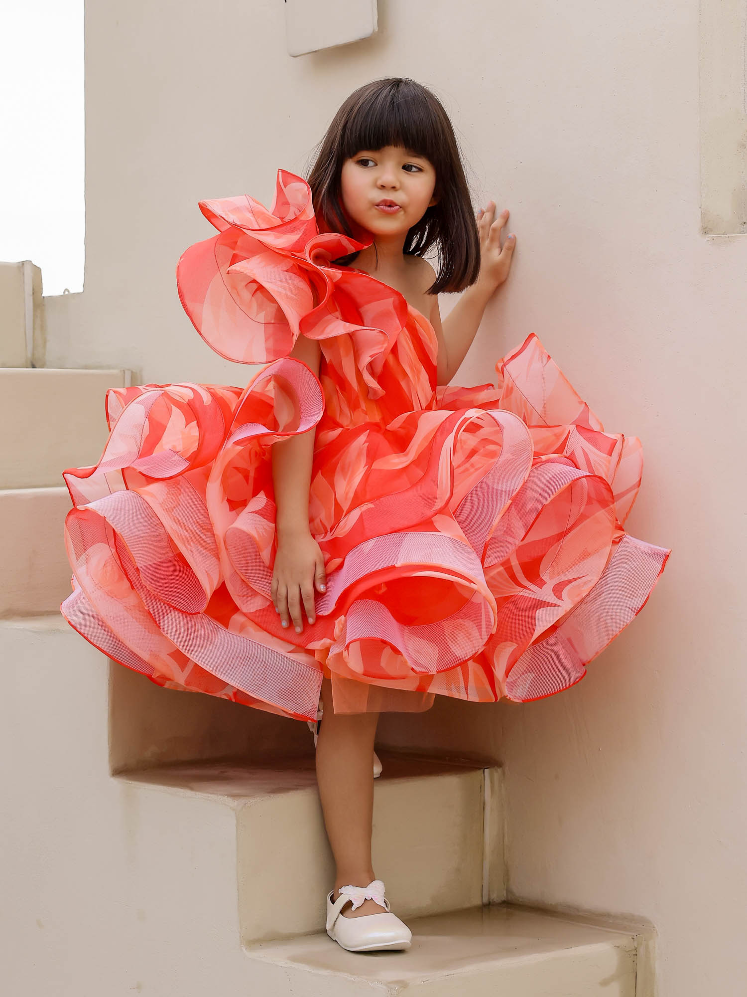 JANYAS CLOSET : Elegant Orange One-Shoulder Floral Organza Dress