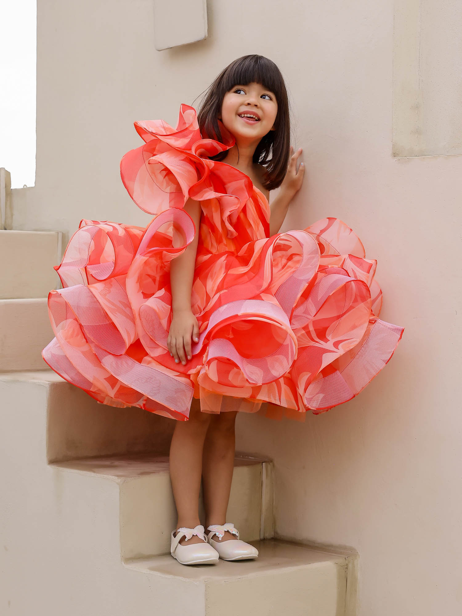 JANYAS CLOSET : Elegant Orange One-Shoulder Floral Organza Dress