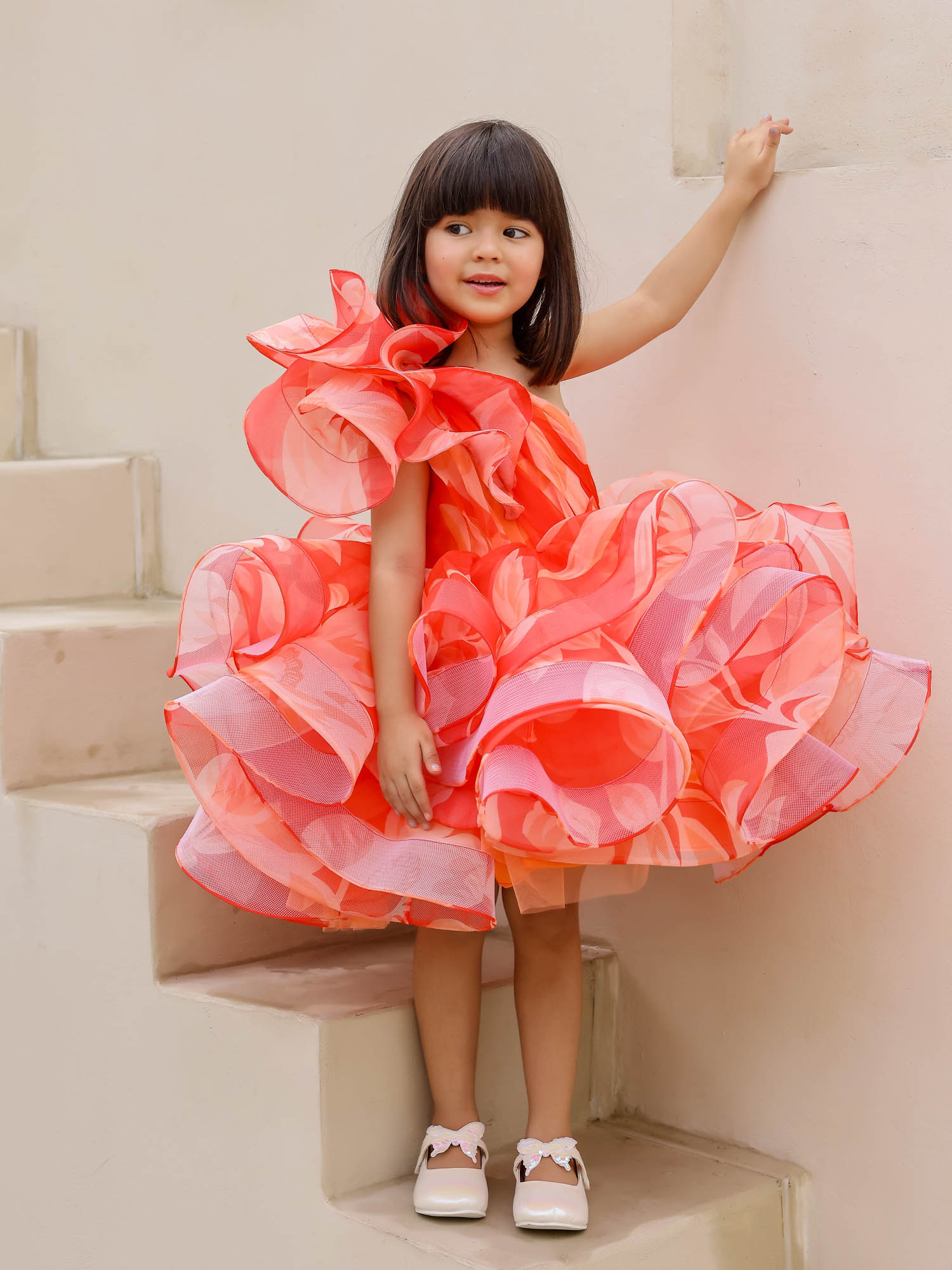 JANYAS CLOSET : Elegant Orange One-Shoulder Floral Organza Dress