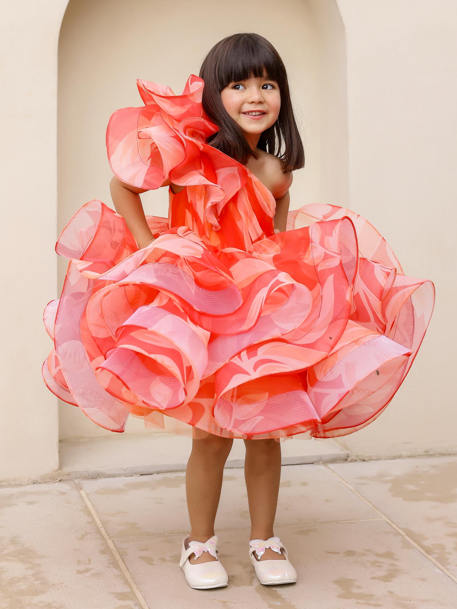JANYAS CLOSET : Elegant Orange One-Shoulder Floral Organza Dress