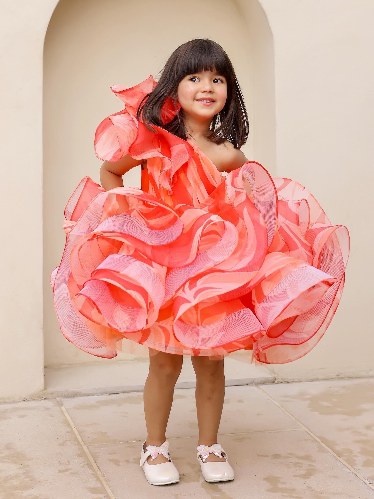 JANYAS CLOSET : Elegant Orange One-Shoulder Floral Organza Dress
