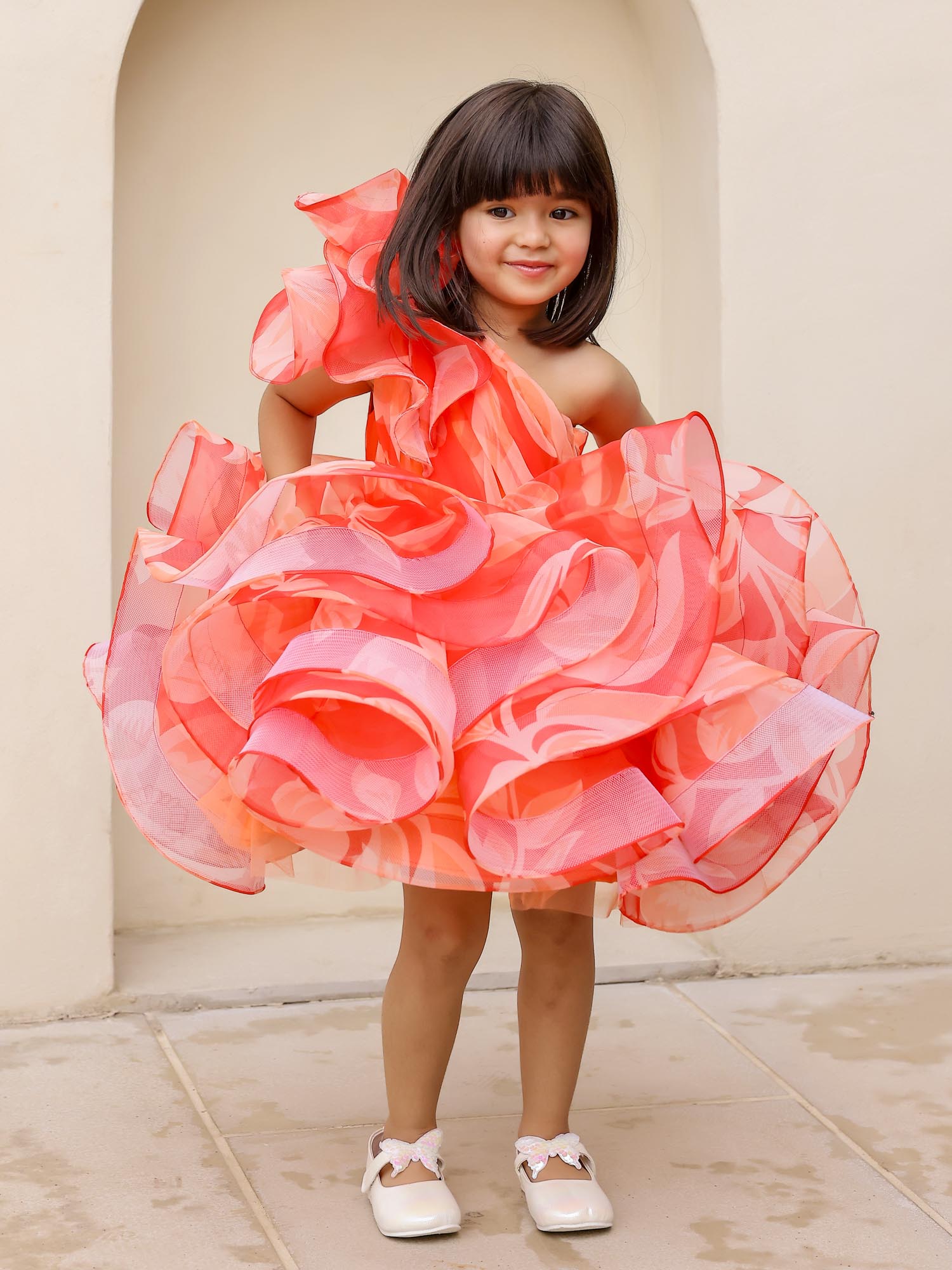 JANYAS CLOSET : Elegant Orange One-Shoulder Floral Organza Dress