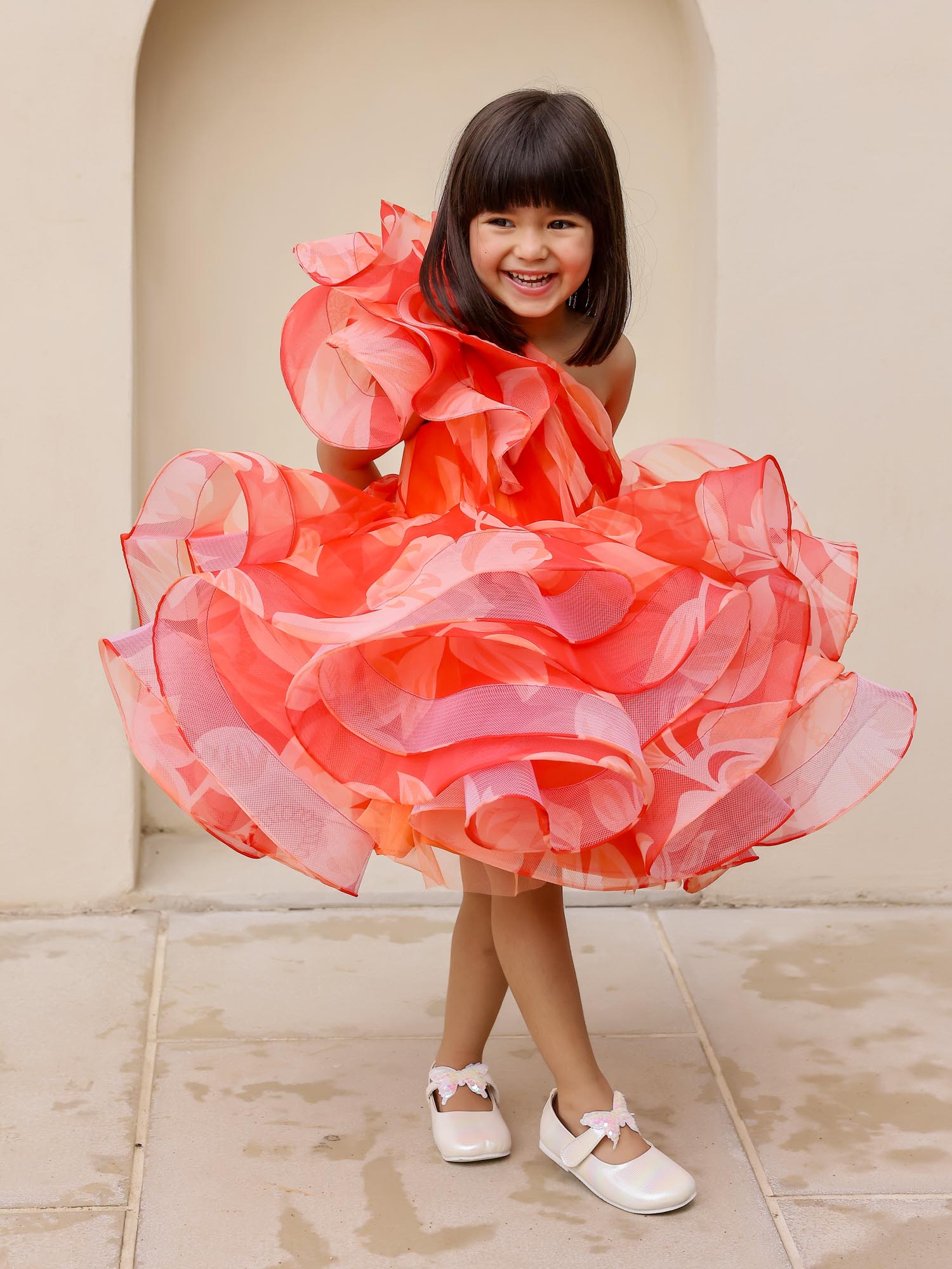 JANYAS CLOSET : Elegant Orange One-Shoulder Floral Organza Dress
