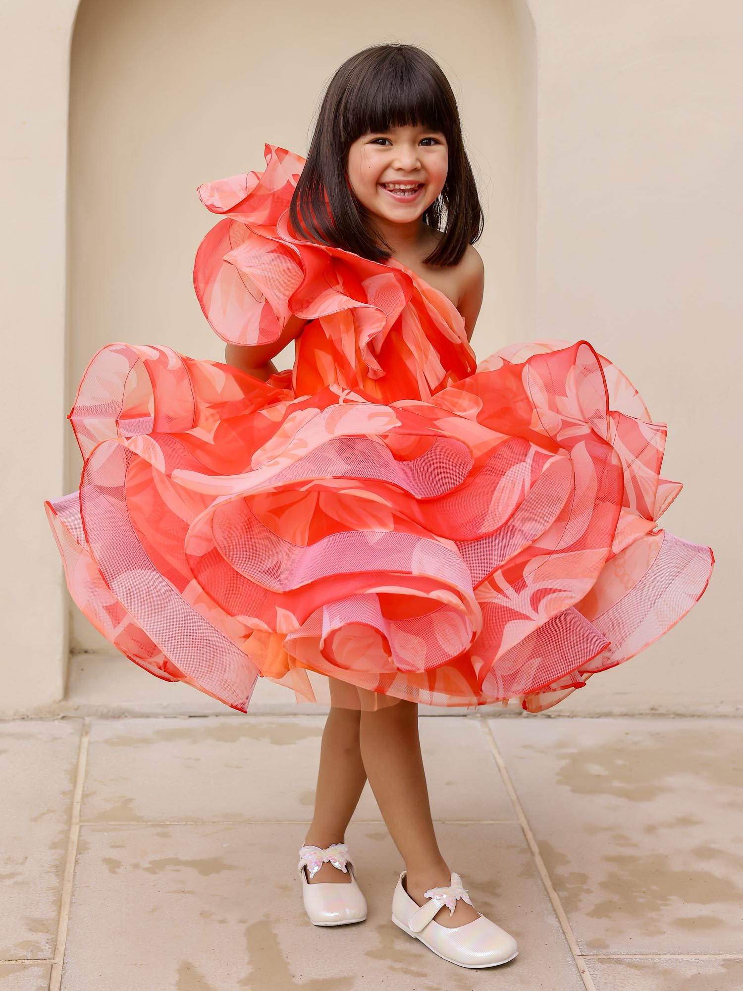 JANYAS CLOSET : Elegant Orange One-Shoulder Floral Organza Dress