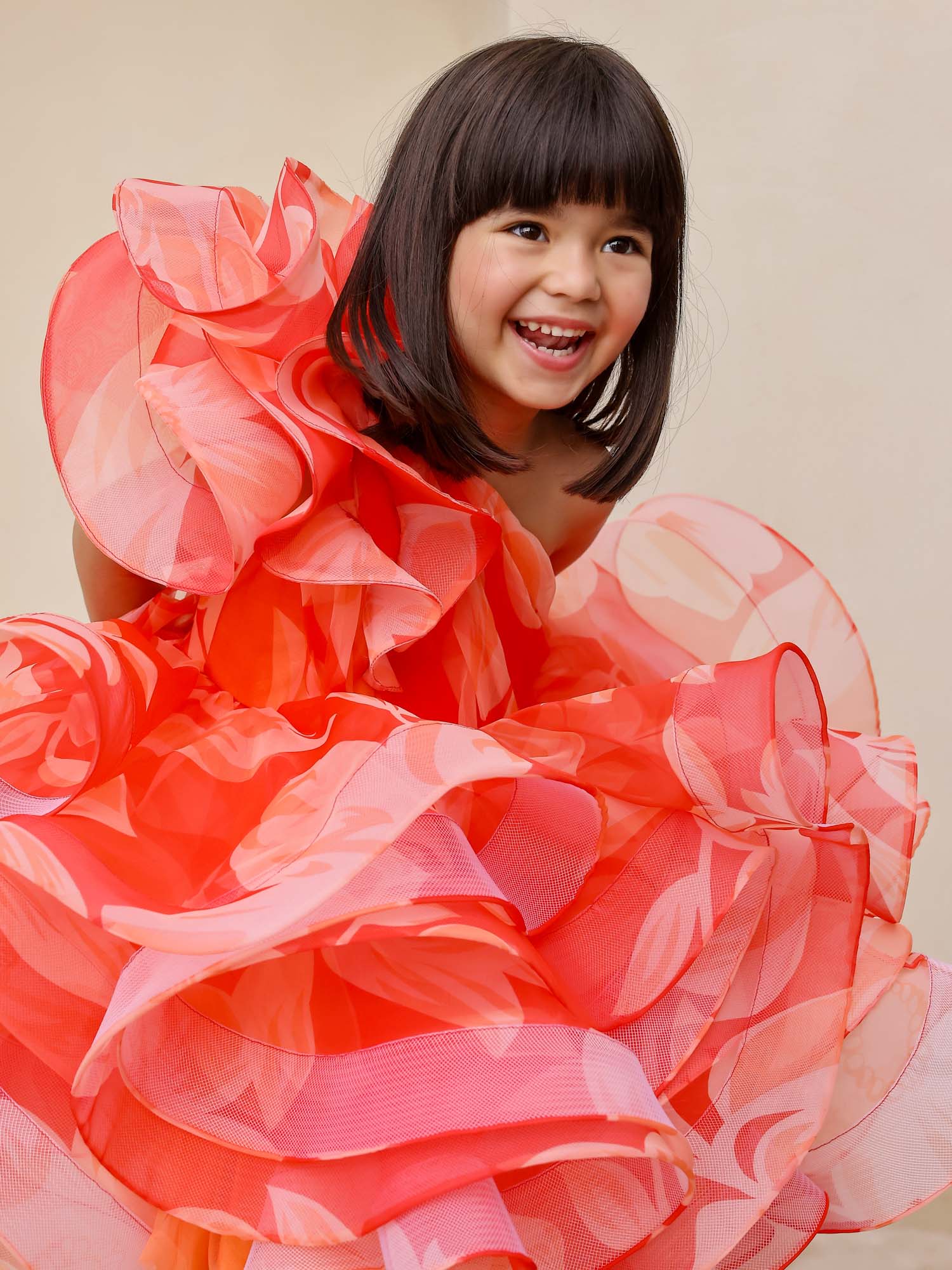 JANYAS CLOSET : Elegant Orange One-Shoulder Floral Organza Dress