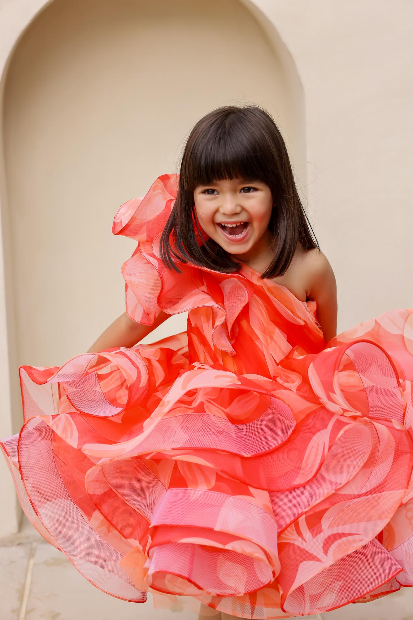 JANYAS CLOSET : Elegant Orange One-Shoulder Floral Organza Dress