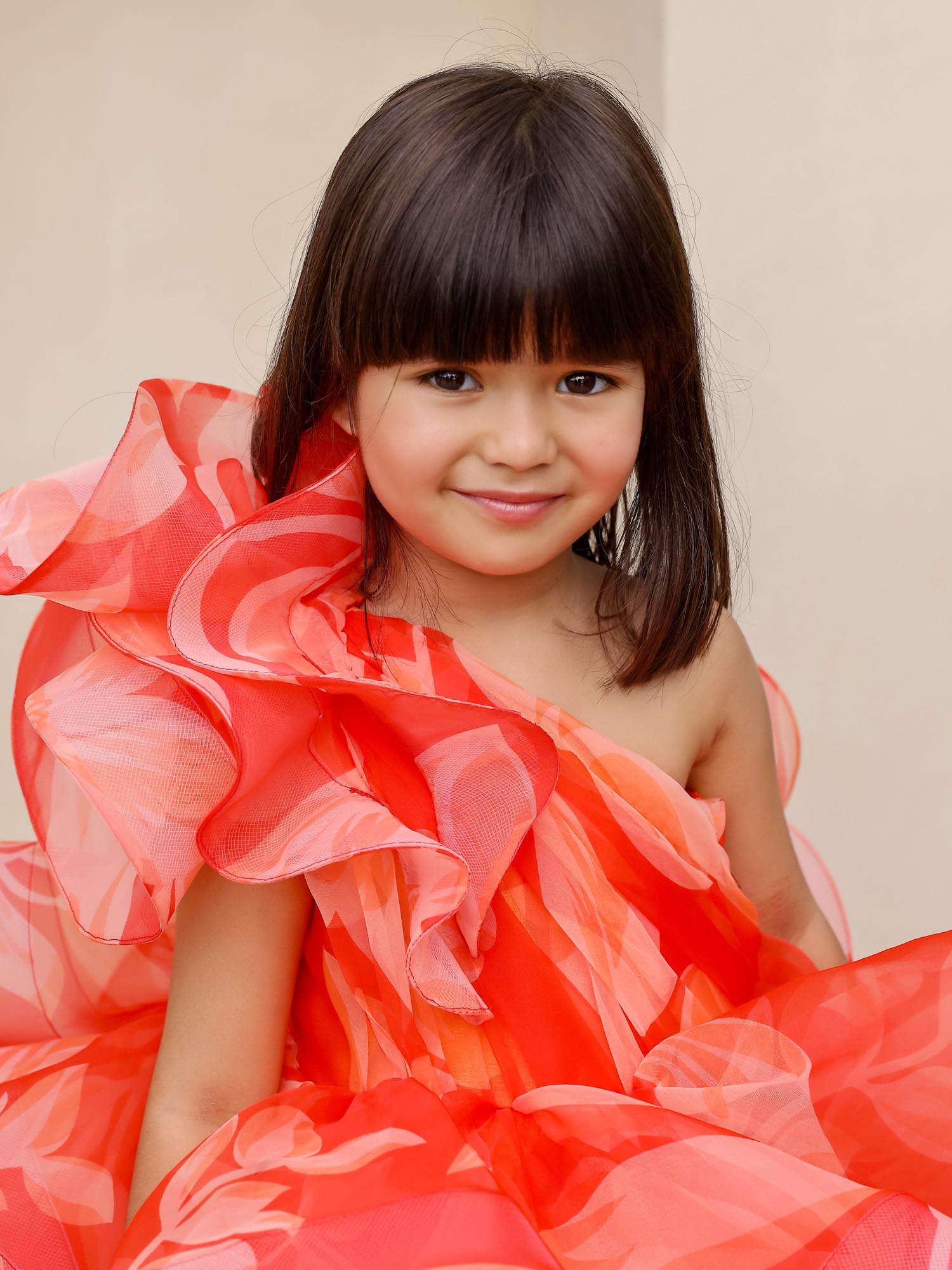 JANYAS CLOSET : Elegant Orange One-Shoulder Floral Organza Dress