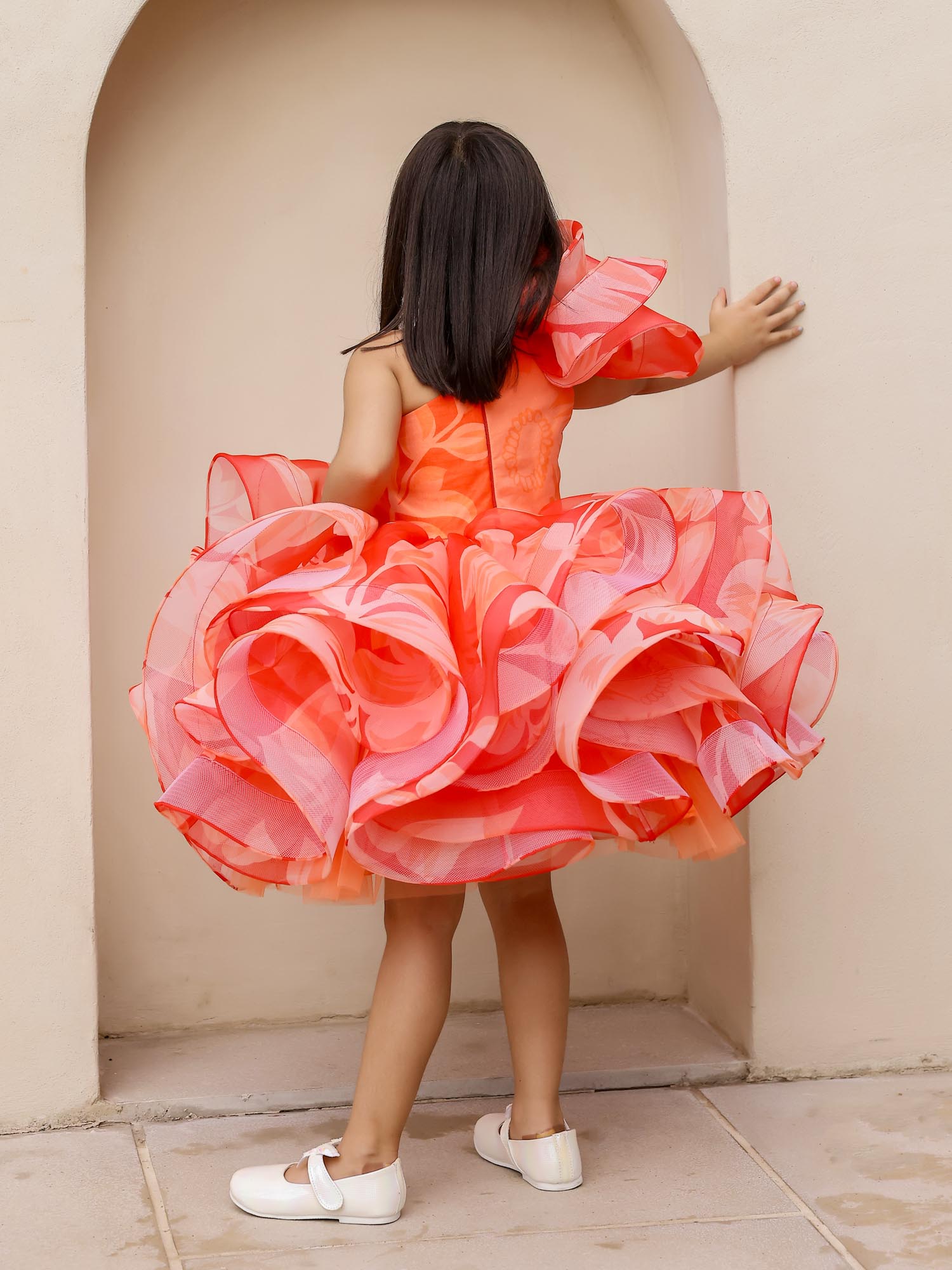 JANYAS CLOSET : Elegant Orange One-Shoulder Floral Organza Dress