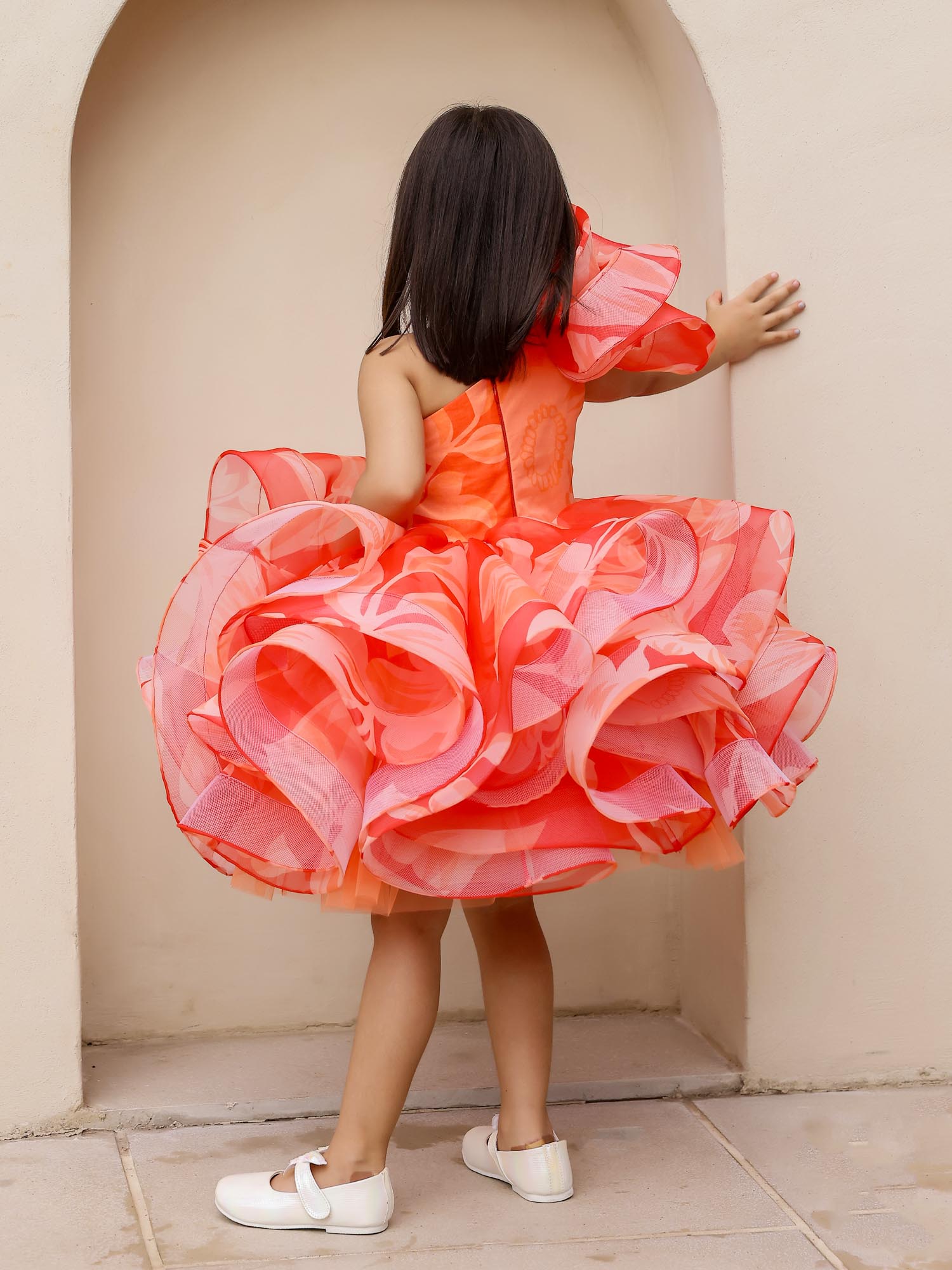 JANYAS CLOSET : Elegant Orange One-Shoulder Floral Organza Dress