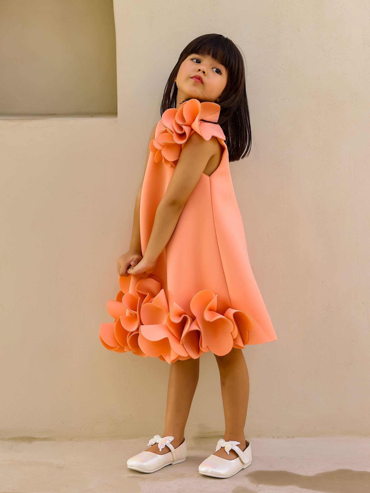 Janyas Closet: Peach Neoprene Fiona Floral A-Line Dress