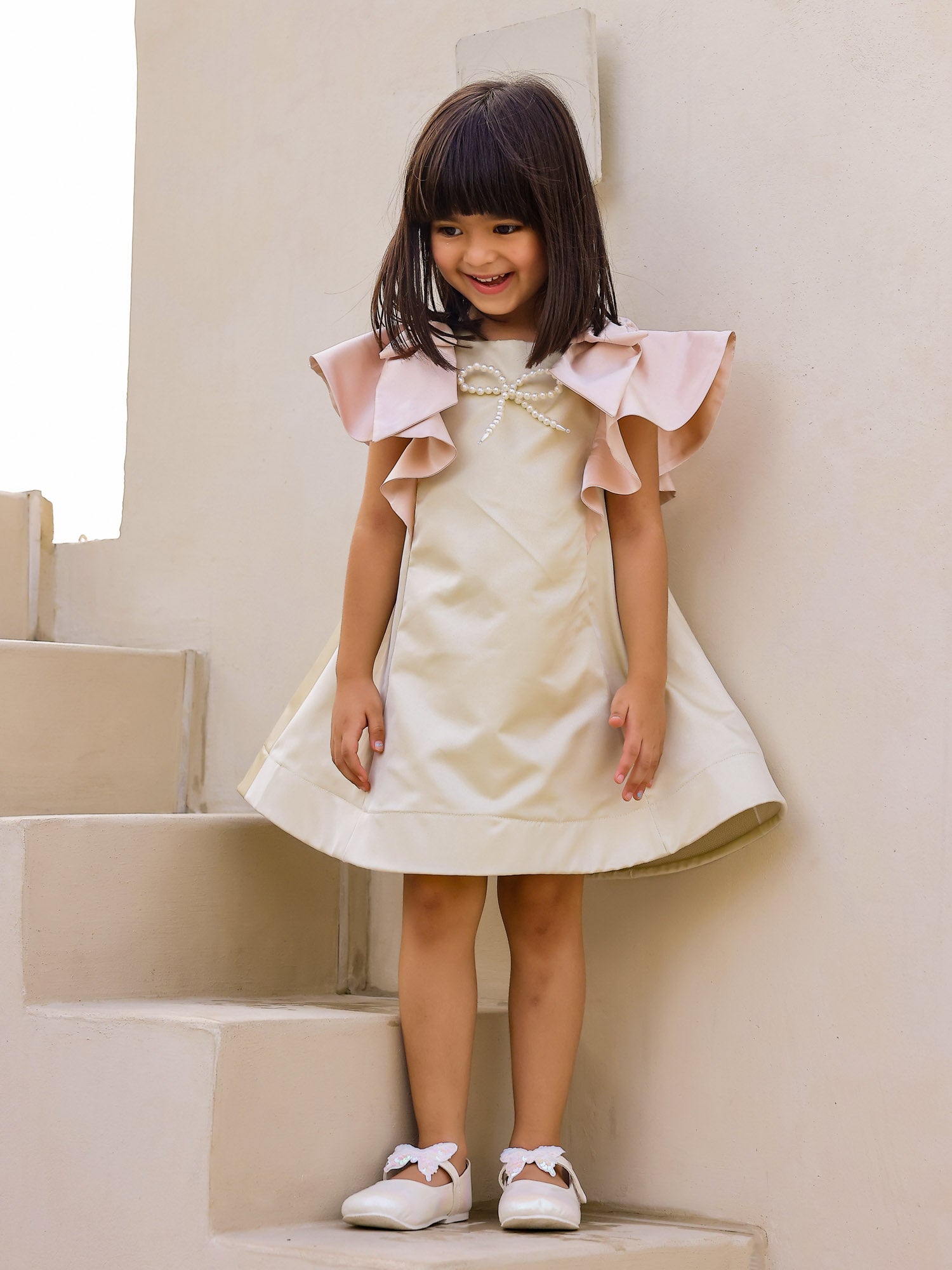 Janyas Closet : Moon Mist Satin Silk A-Line Dress with Infinity Bow
