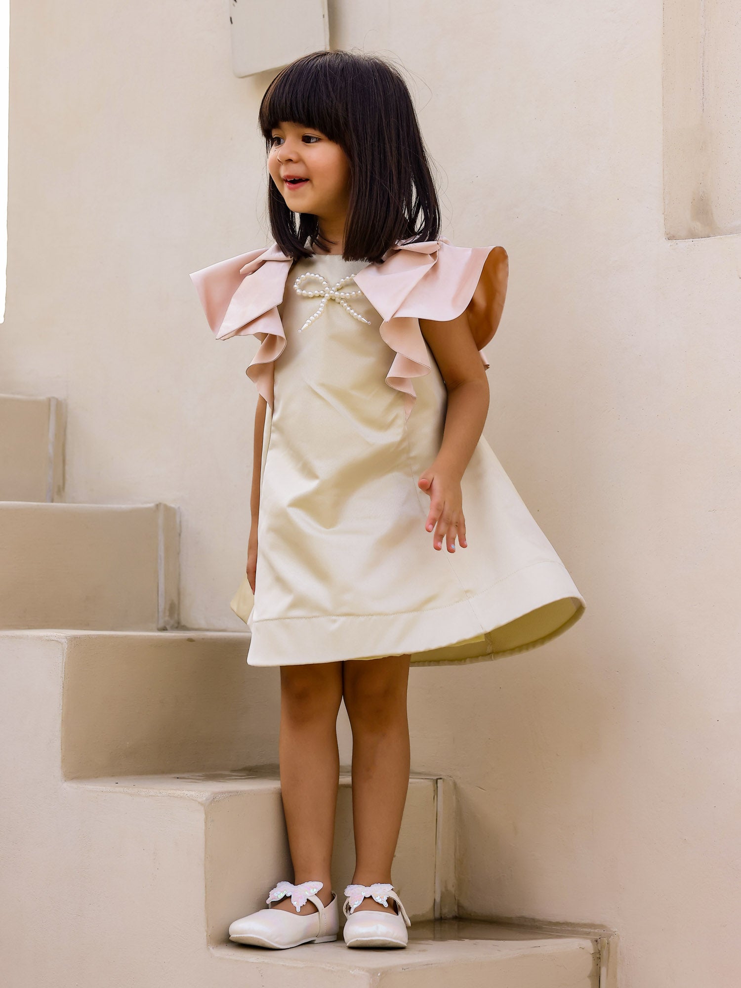 Janyas Closet : Moon Mist Satin Silk A-Line Dress with Infinity Bow