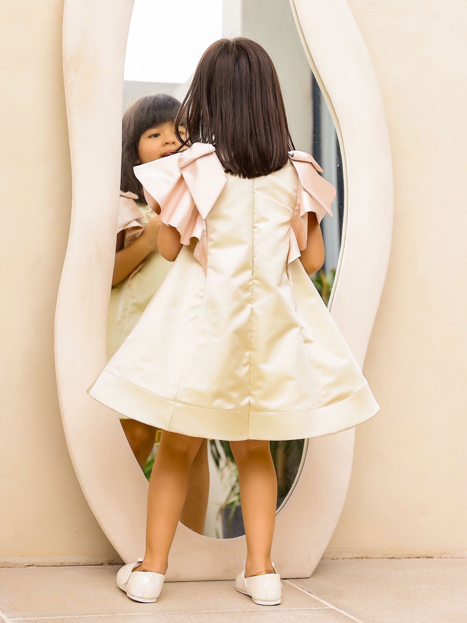 Janyas Closet : Moon Mist Satin Silk A-Line Dress with Infinity Bow