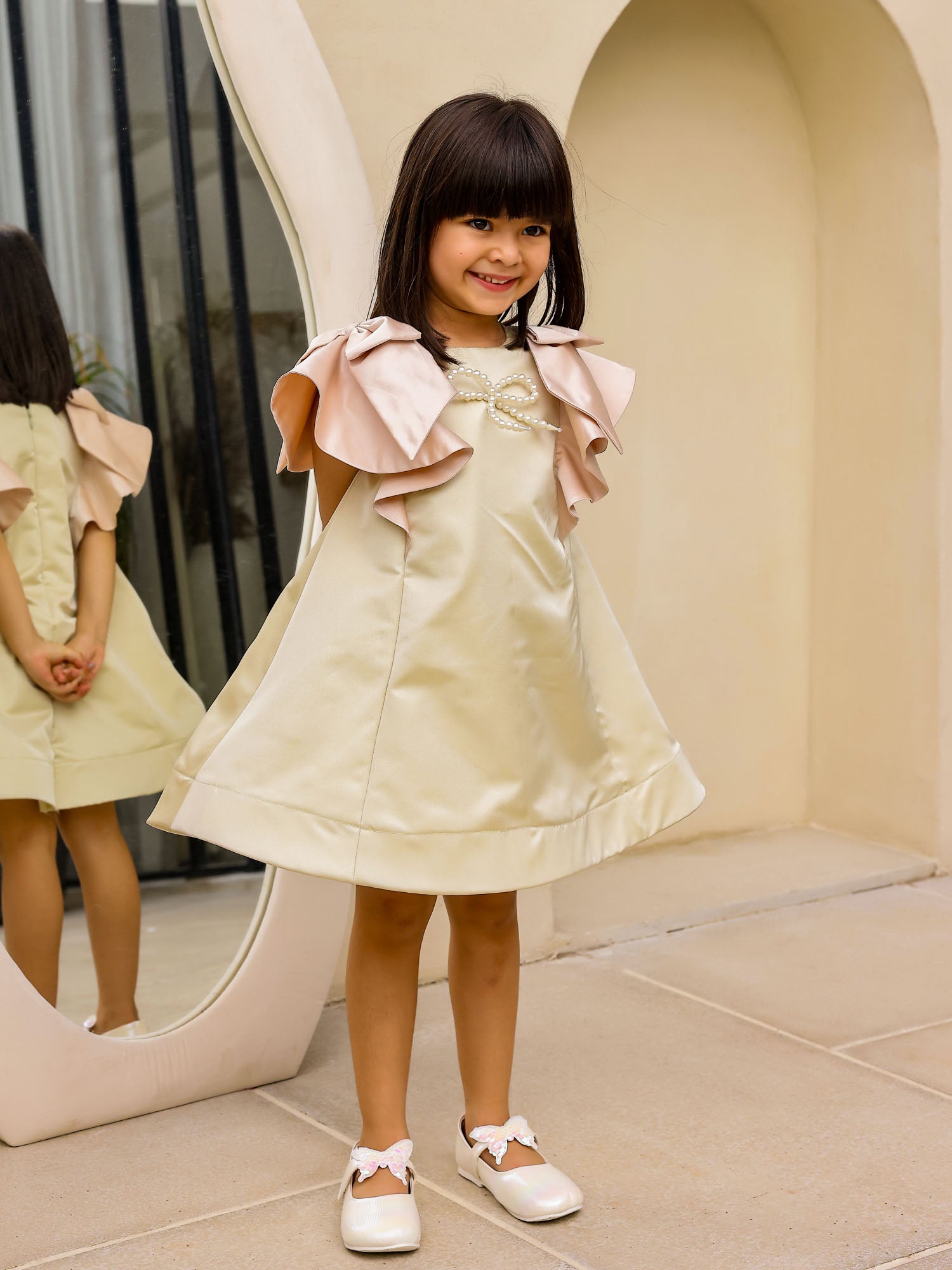 Janyas Closet : Moon Mist Satin Silk A-Line Dress with Infinity Bow