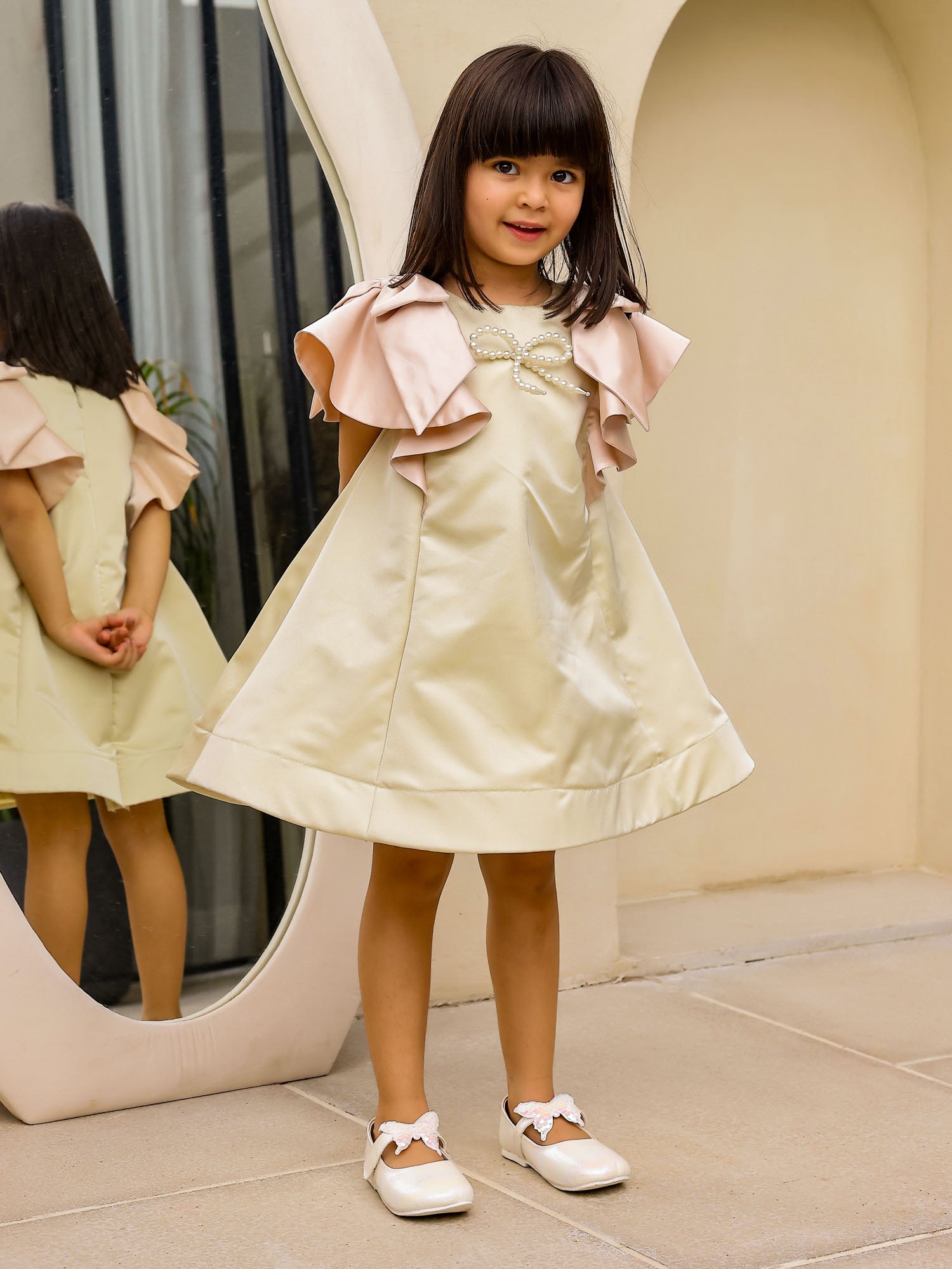Janyas Closet : Moon Mist Satin Silk A-Line Dress with Infinity Bow