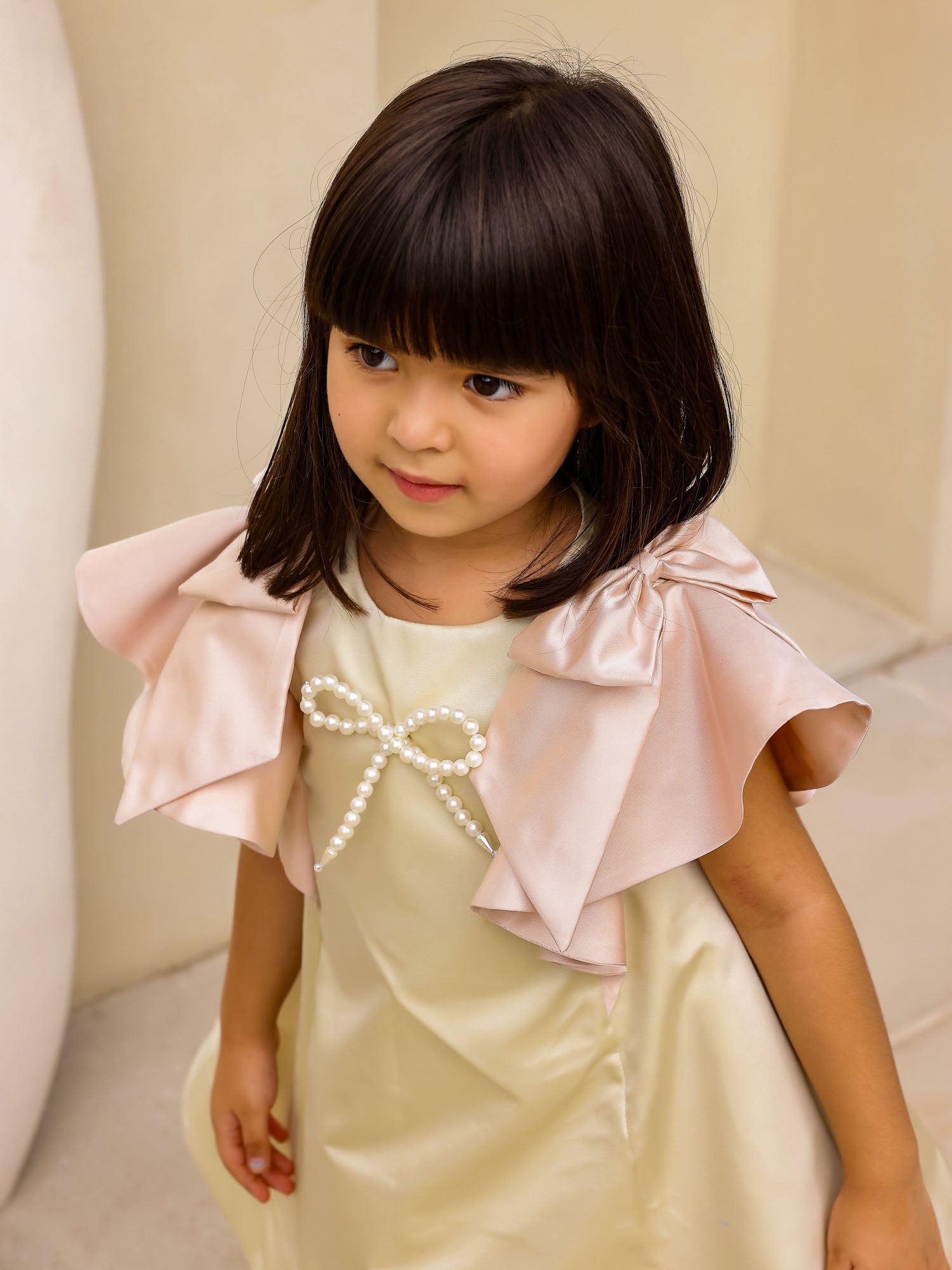 Janyas Closet : Moon Mist Satin Silk A-Line Dress with Infinity Bow