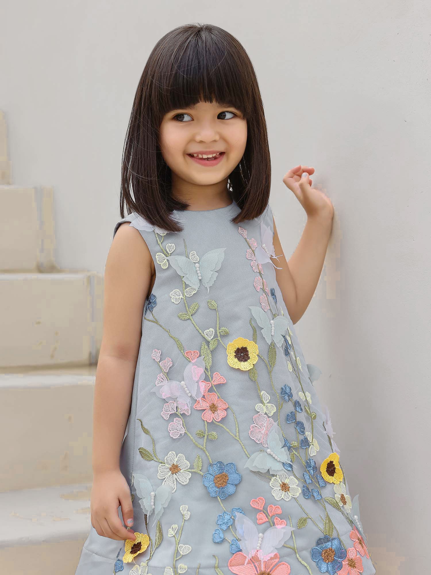 Janyas Closet : Greyish Blue Bell Satin Silk Dress with Floral Butterflies