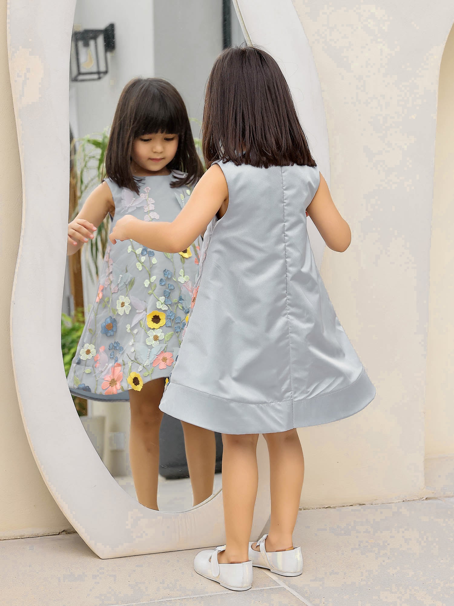Janyas Closet : Greyish Blue Bell Satin Silk Dress with Floral Butterflies