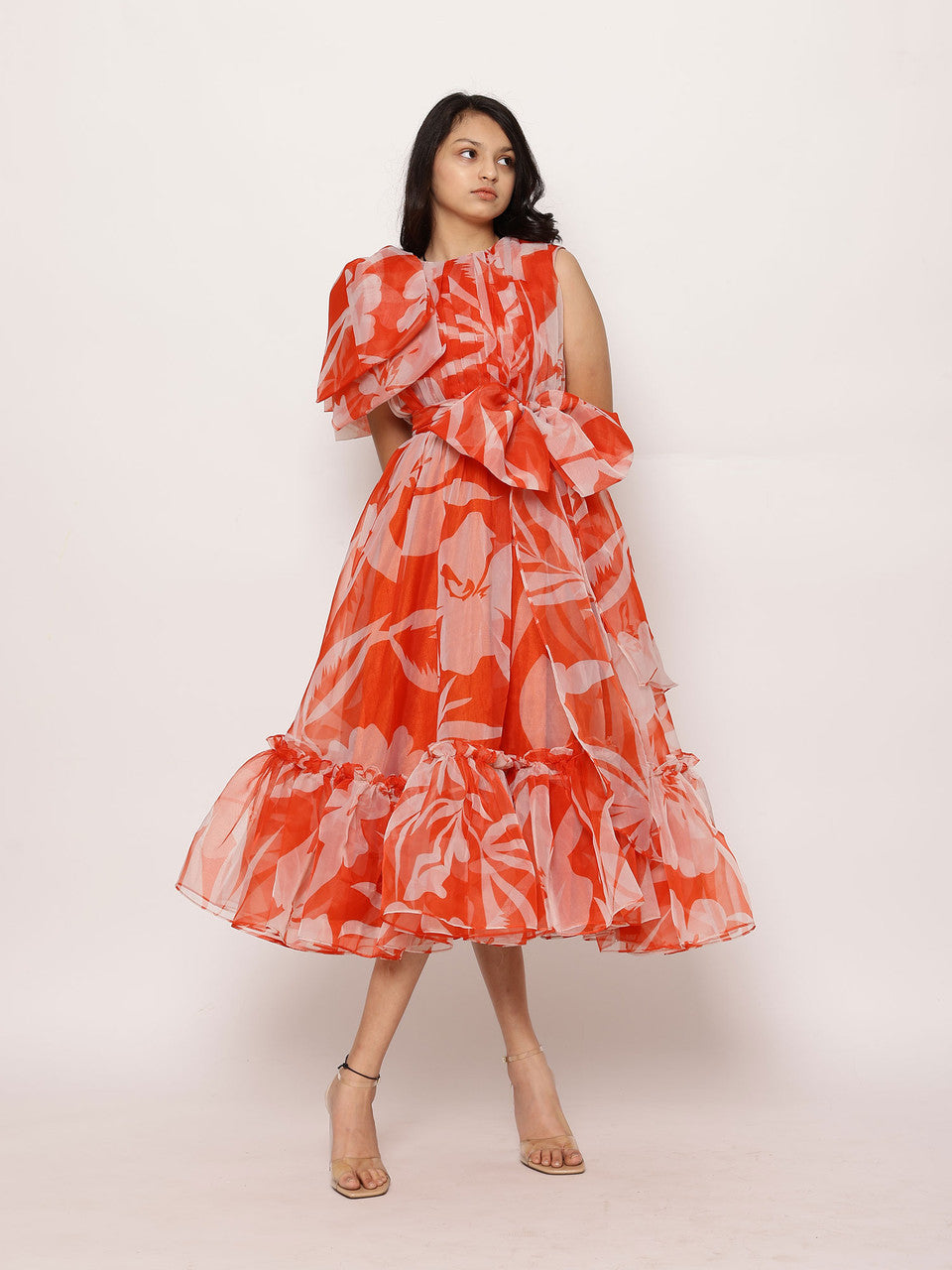 Sample Lora Floral Print Tea-Length Ruffled Dress