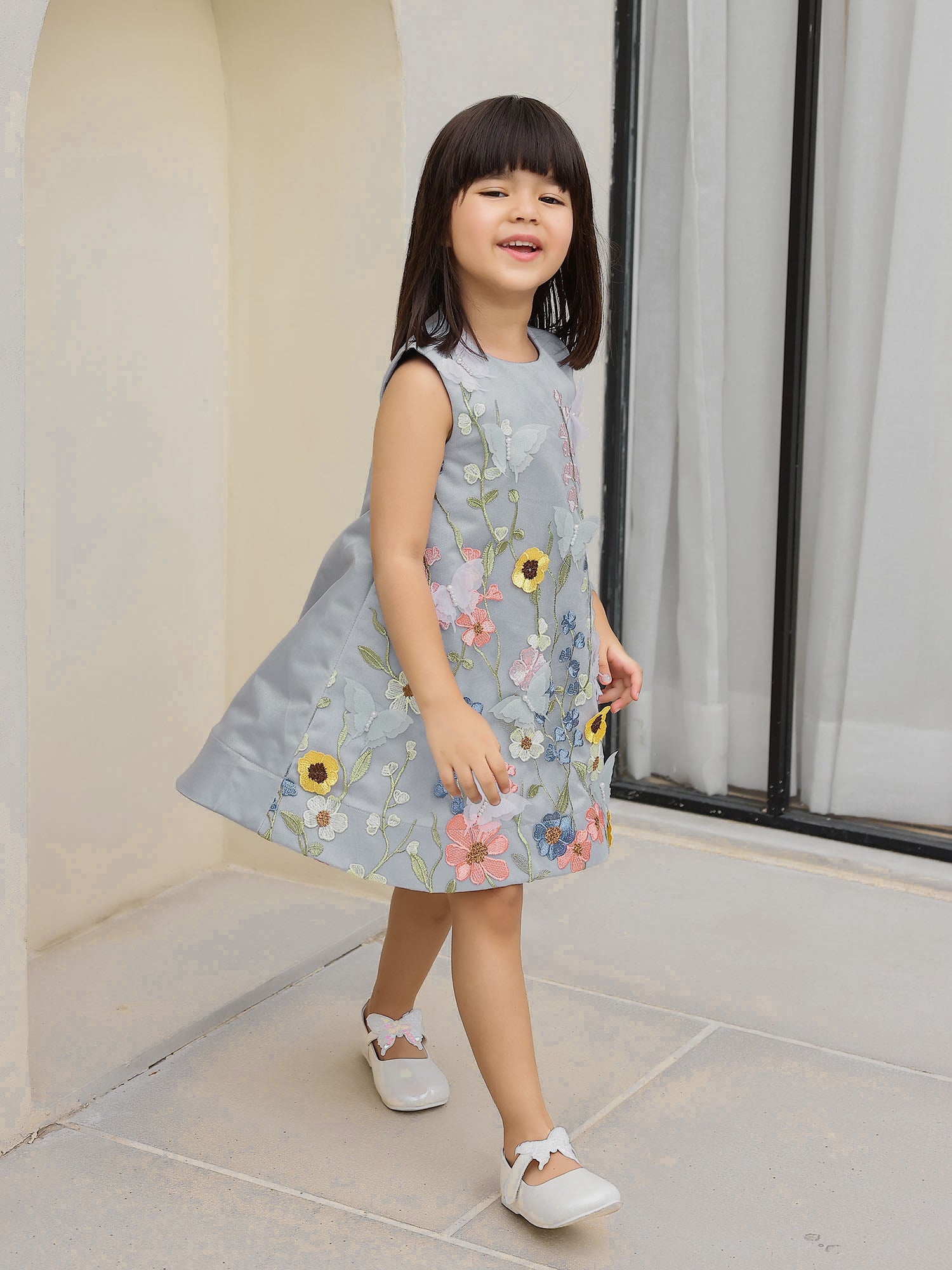 Janyas Closet : Greyish Blue Bell Satin Silk Dress with Floral Butterflies