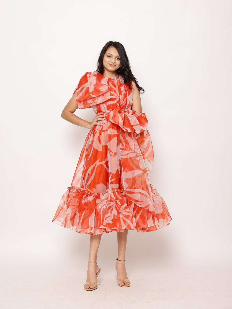 Sample Lora Floral Print Tea-Length Ruffled Dress