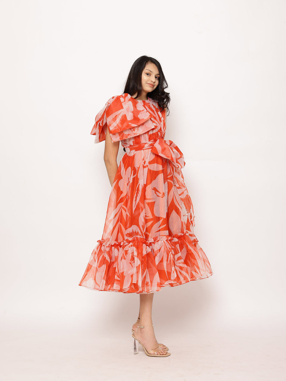 Sample Lora Floral Print Tea-Length Ruffled Dress