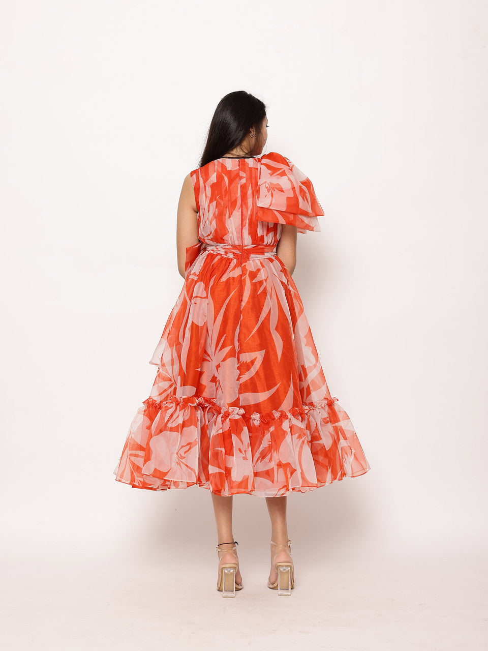 Sample Lora Floral Print Tea-Length Ruffled Dress