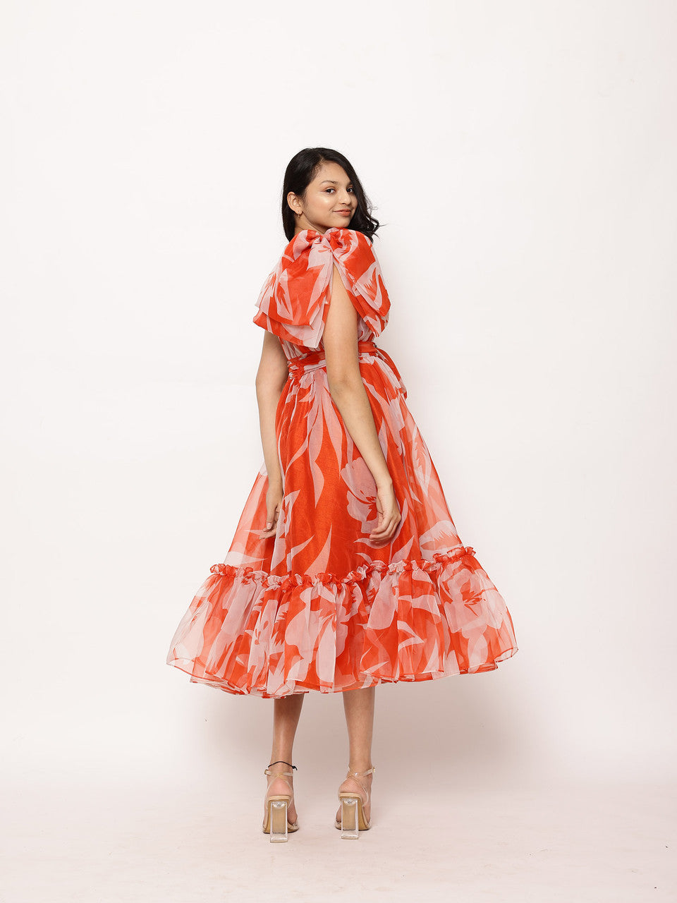 Sample Lora Floral Print Tea-Length Ruffled Dress