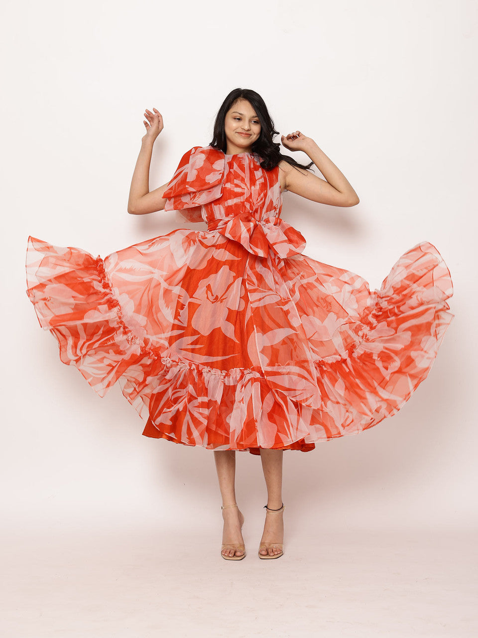Sample Lora Floral Print Tea-Length Ruffled Dress