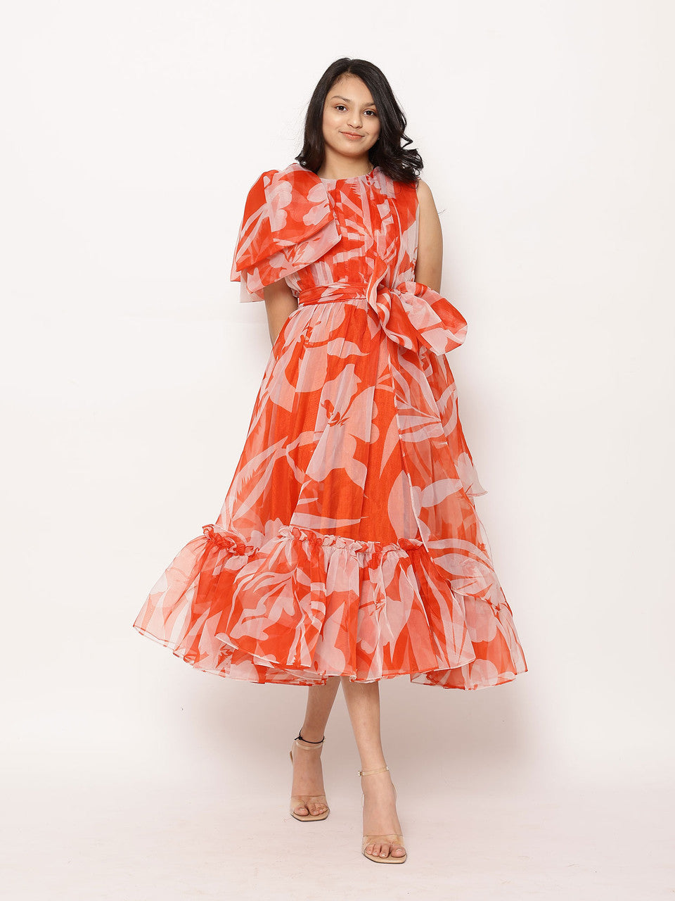 Sample Lora Floral Print Tea-Length Ruffled Dress