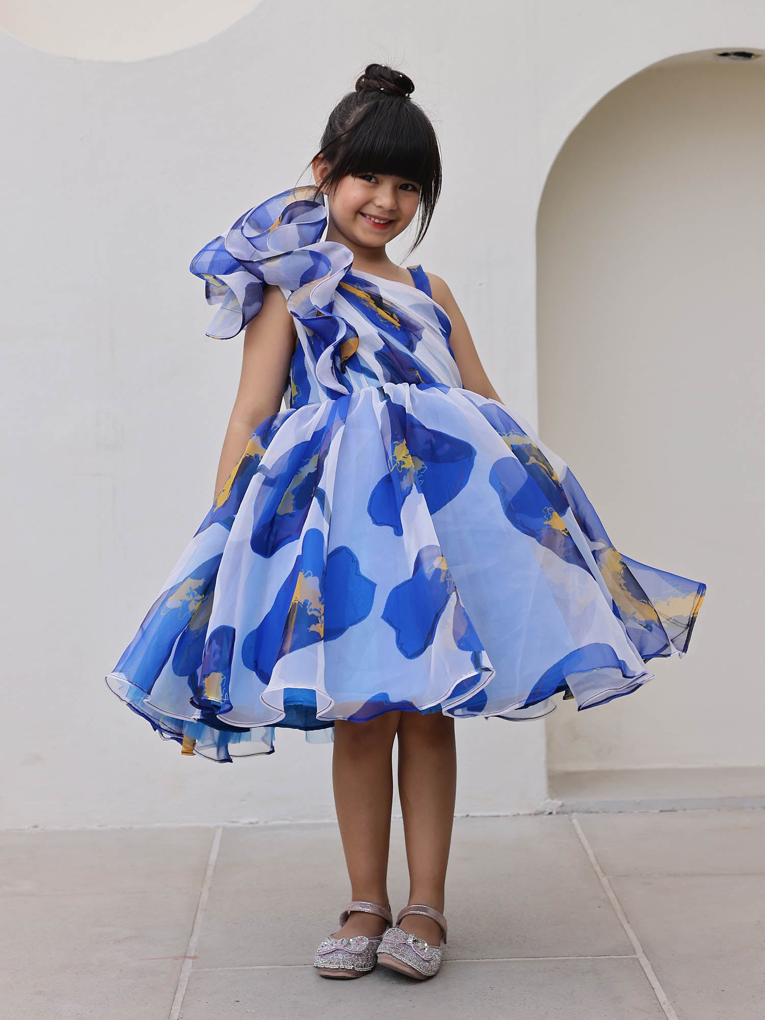 JANYAS CLOSET Royal Blue Printed One Shoulder Dress