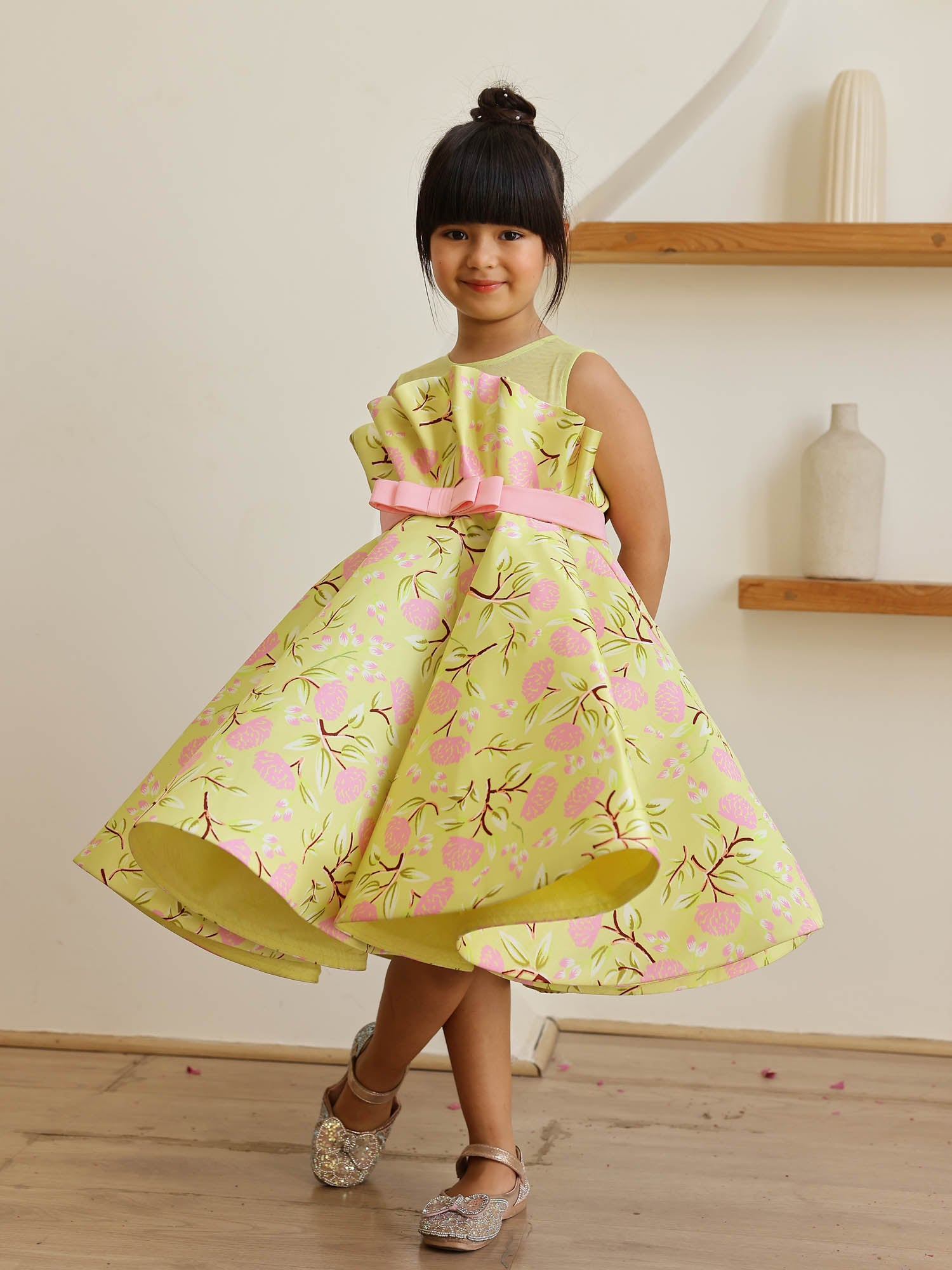 JANYAS CLOSET Green Printed Party Dress For Girls