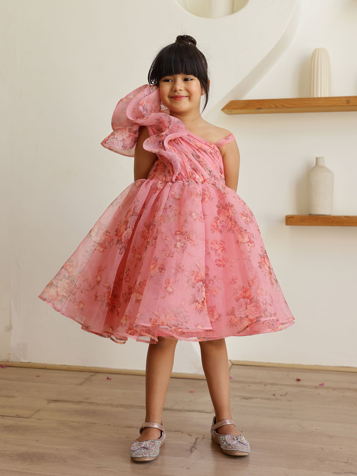 JANYAS CLOSET Mauve Pink Floral Printed One Shoulder Party Dress