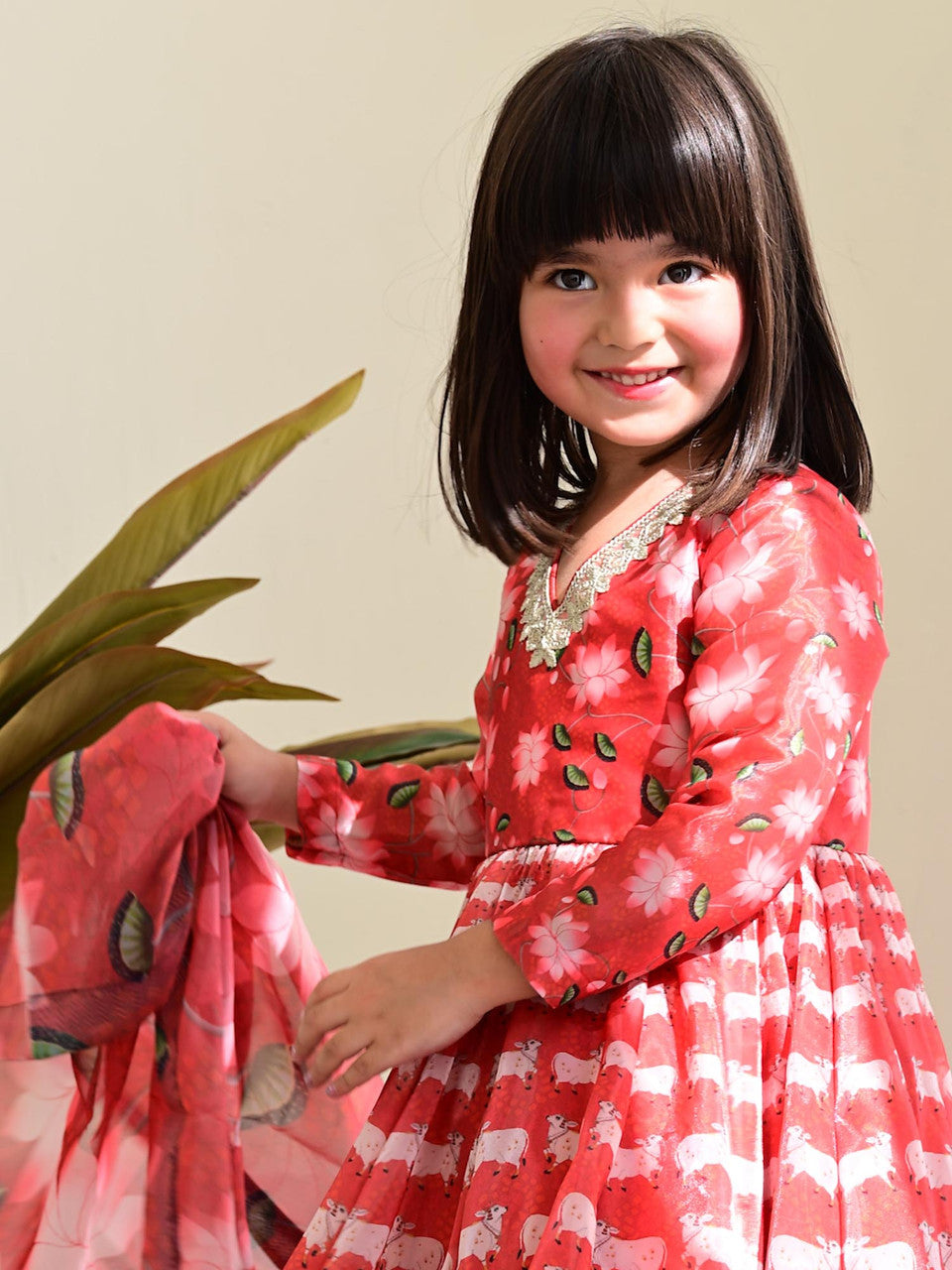 Sample JANYAS CLOSET Red Printed Anarkali Gown with Dupatta for Girls