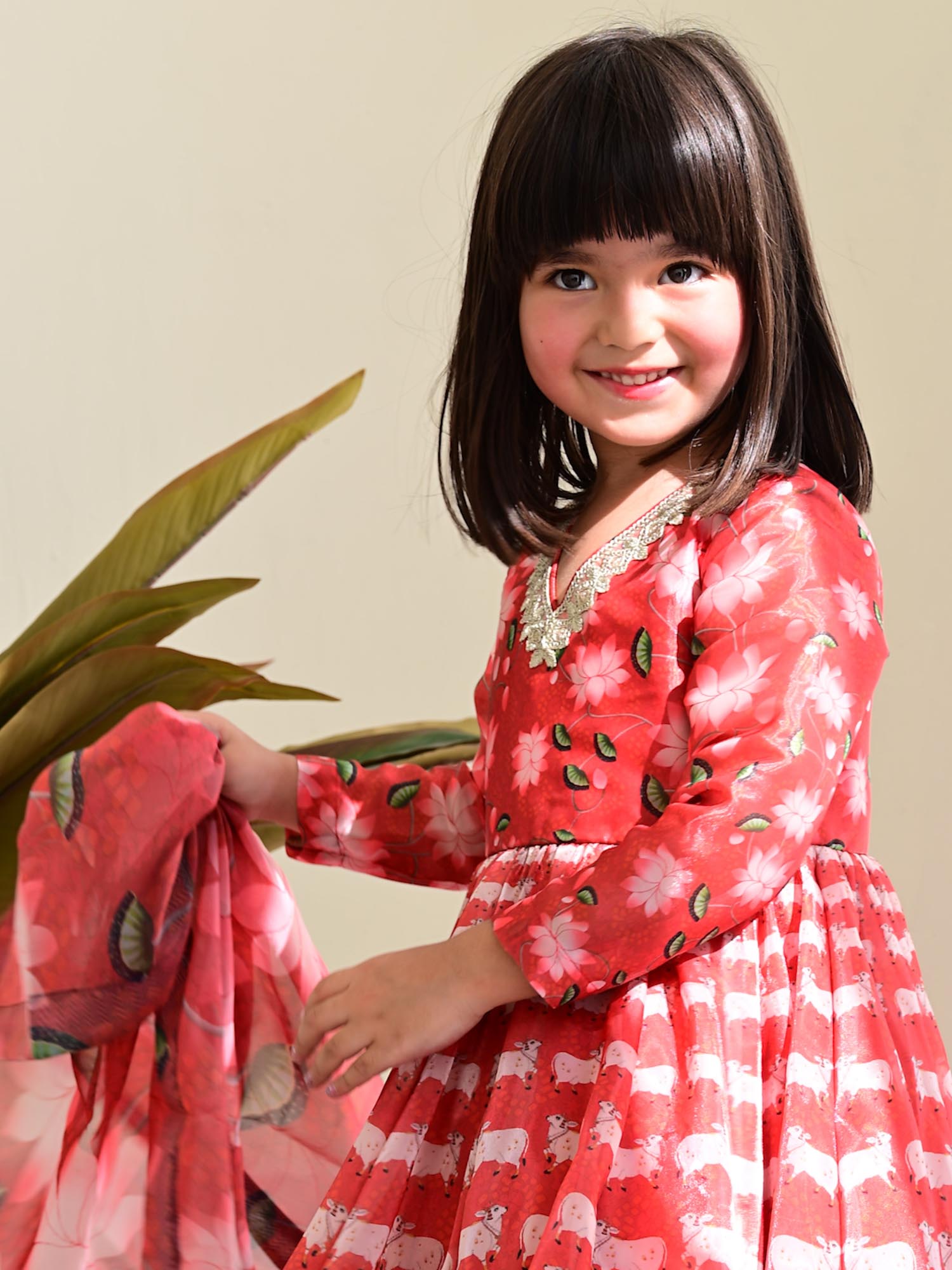 JANYAS CLOSET Red Printed Anarkali Gown with Dupatta for Girls