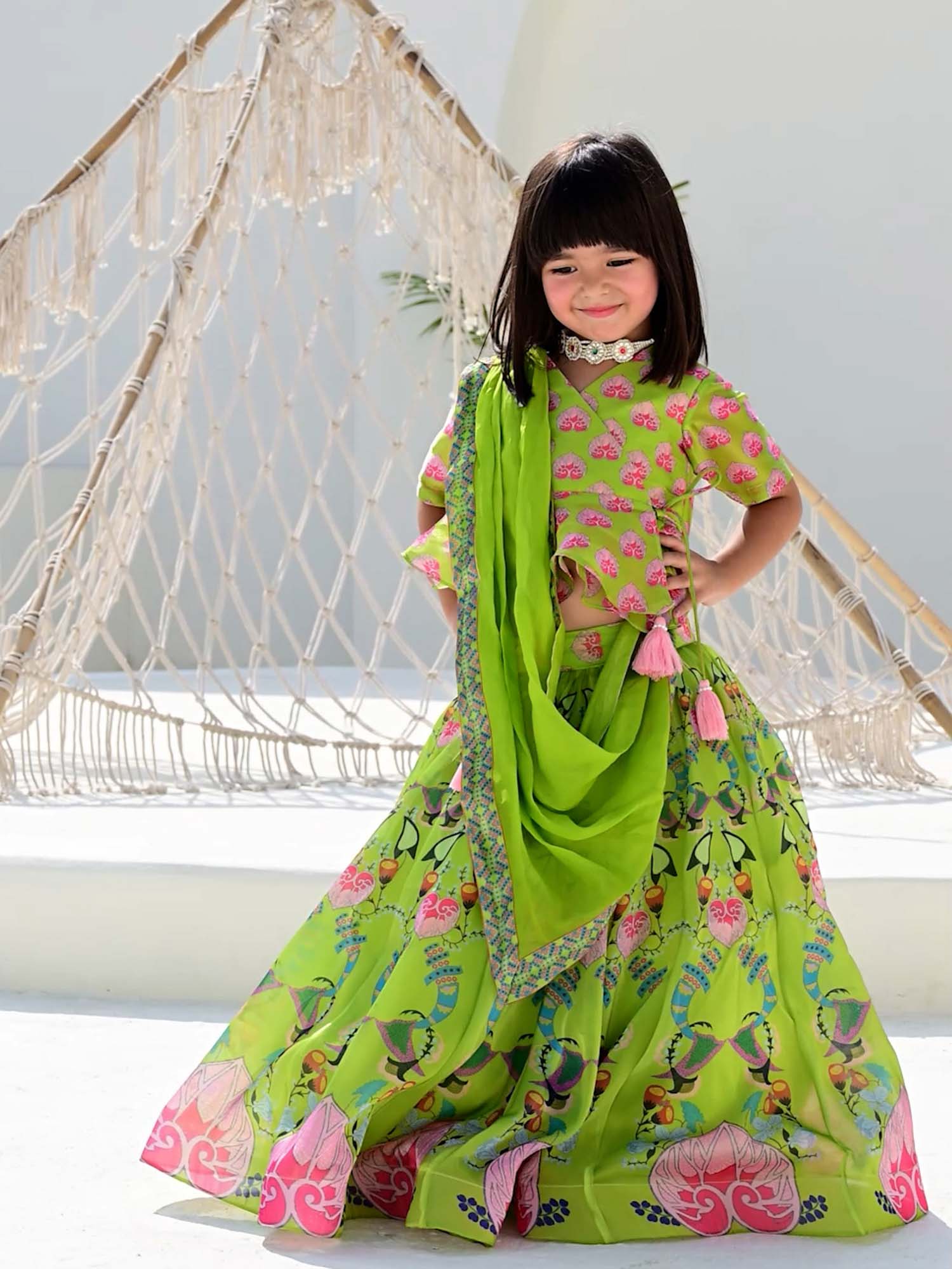 JANYAS CLOSET Green Printed Lehenga Set with Peplum Top for Girls