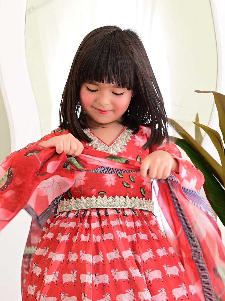 Sample JANYAS CLOSET Red Printed Anarkali Gown with Dupatta for Girls