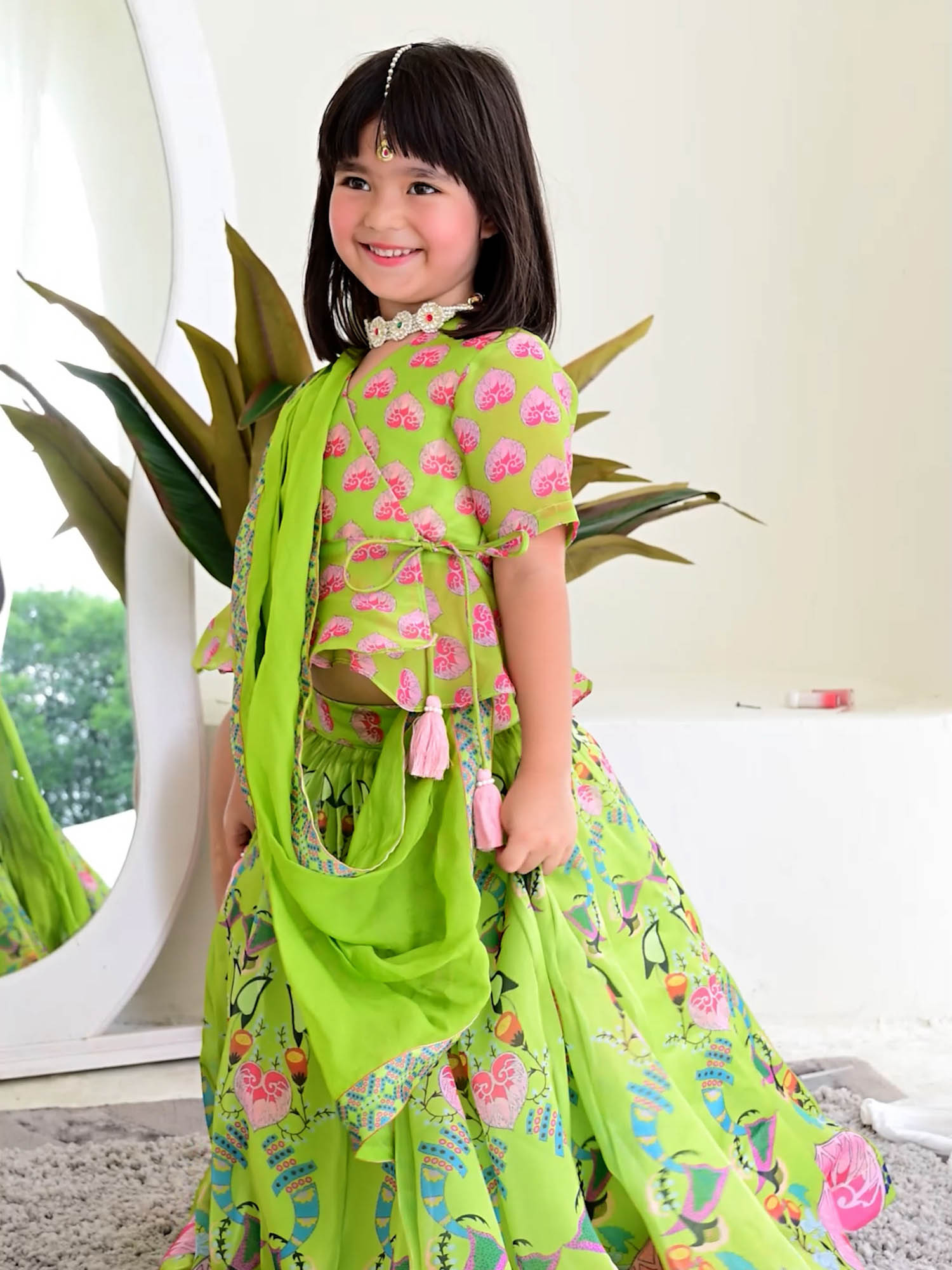 JANYAS CLOSET Green Printed Lehenga Set with Peplum Top for Girls