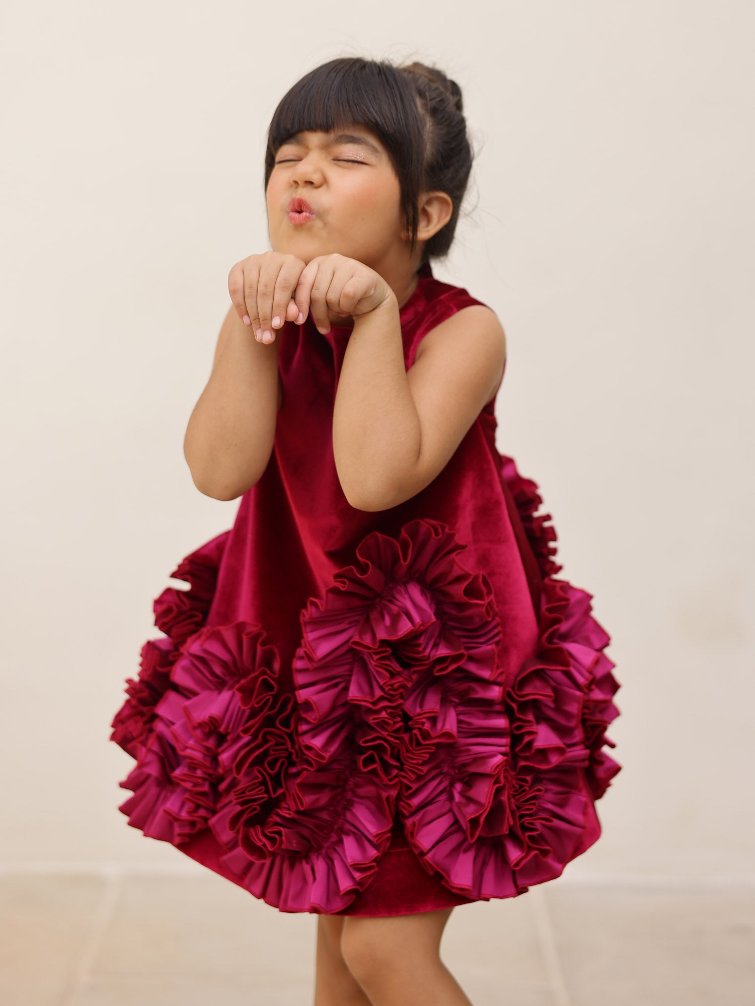 JANYAS CLOSET Aurelia Wine Velvet Ruffle Dress