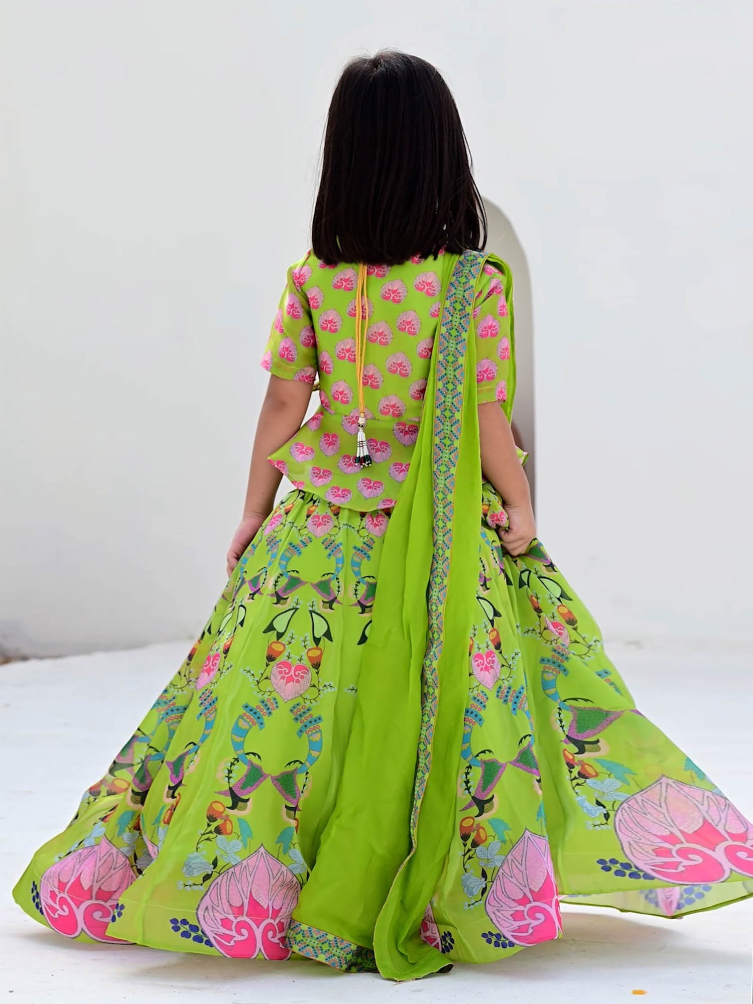 JANYAS CLOSET Green Printed Lehenga Set with Peplum Top for Girls