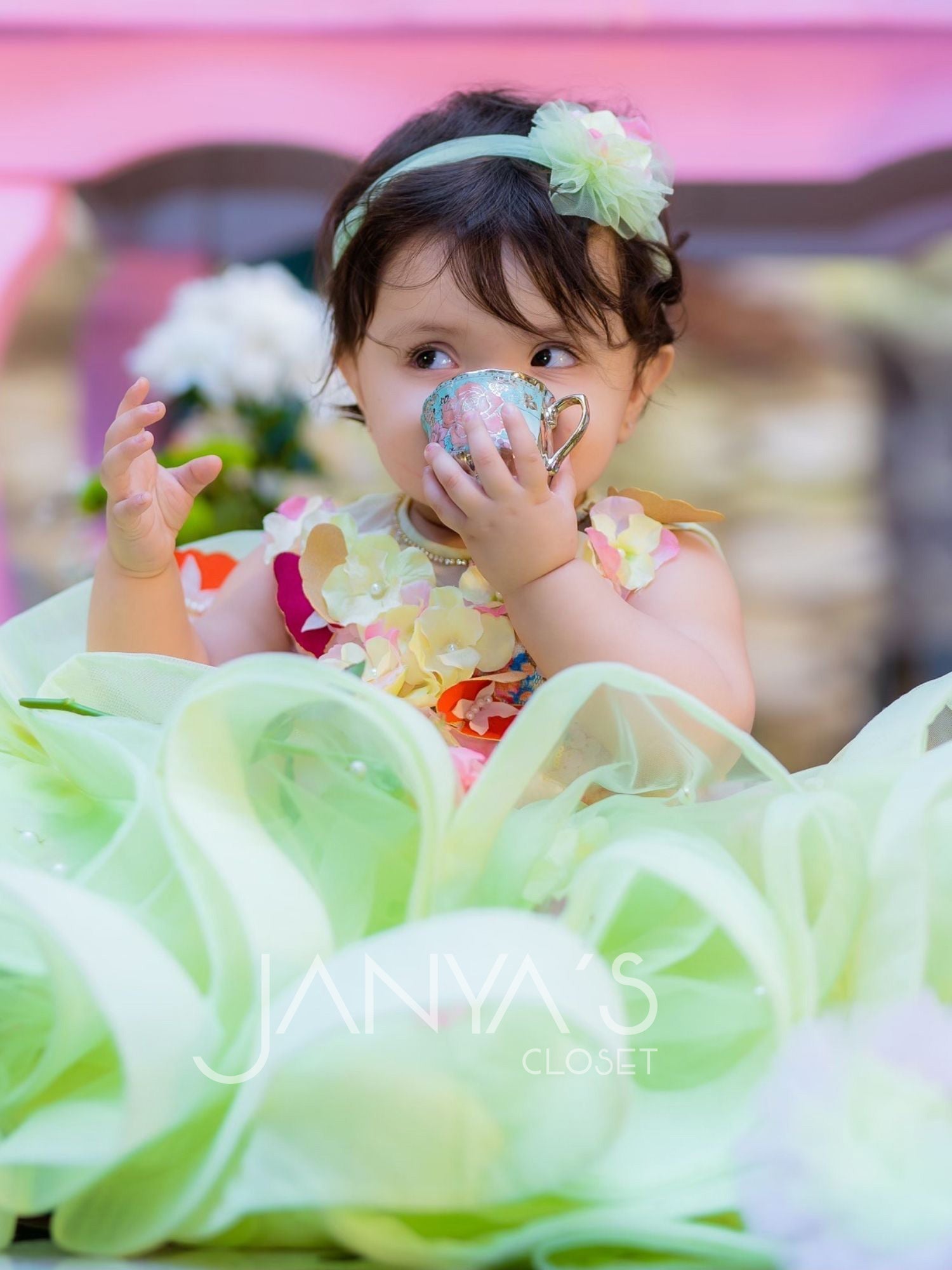 Green Princess Gown With Butterflies And Detachable Double Train With Accessory