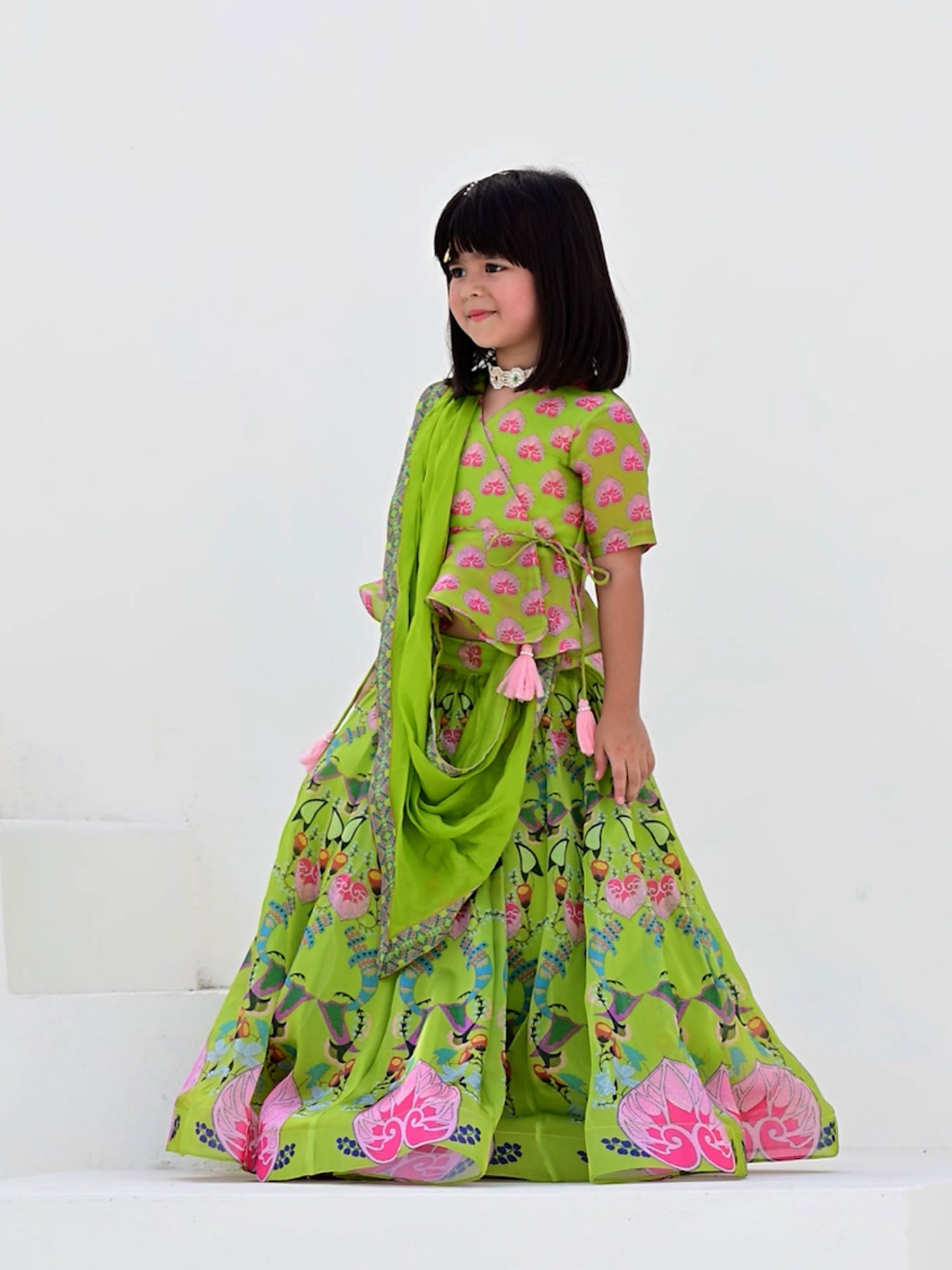 JANYAS CLOSET Green Printed Lehenga Set with Peplum Top for Girls