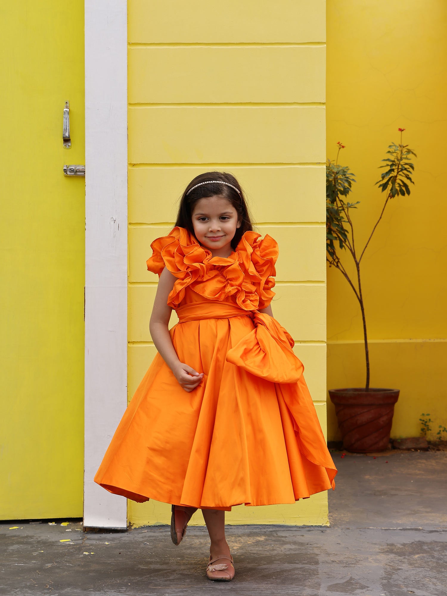Sale Orange Taffeta Ruffle Bow Dress